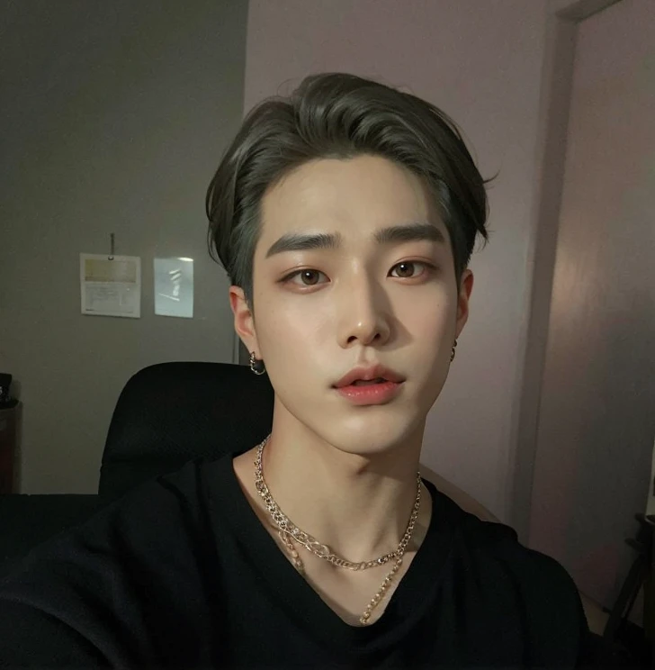 Man with a black shirt and a necklace around his neck, Cai Xukun, Hyung Tae, Jinyoung Canela, TaeJune Kim, Yanjun Chengt, Hong June Hyung, Jung Jaehyun, Sul Coreano Masculino, brilhante da chuva, foto de perfil headshot, Ulzzang macho, inspirado em Yanjun Cheng, Inspirado em Jeonseok Lee