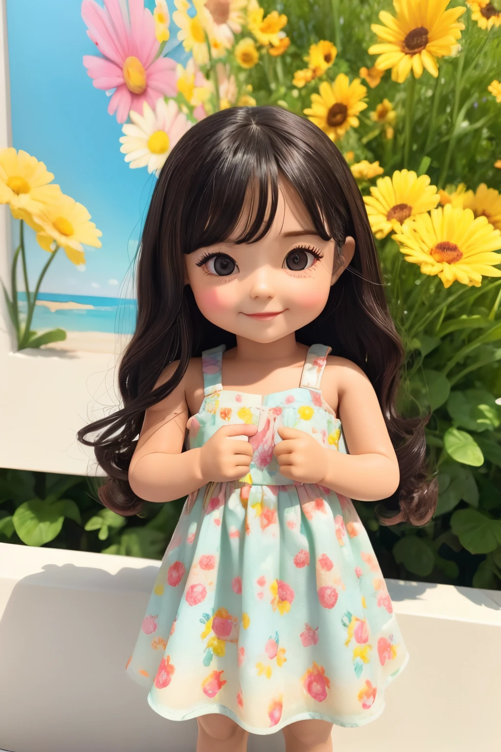 photoRealstic、Doll standing in front of the painting(nendroid)、A smile、Water droplets on the cheeks、In a cute pose、watercolor Nendoroid、(High Definition Figure)、Flowing iridescent silk、up of face、Eye Up、Colorcon with heart pattern、Floral dress、Making a heart with both hands、There are also flowers in front of the nendroids、flower petals、season!!: 夏天☀ 🍂