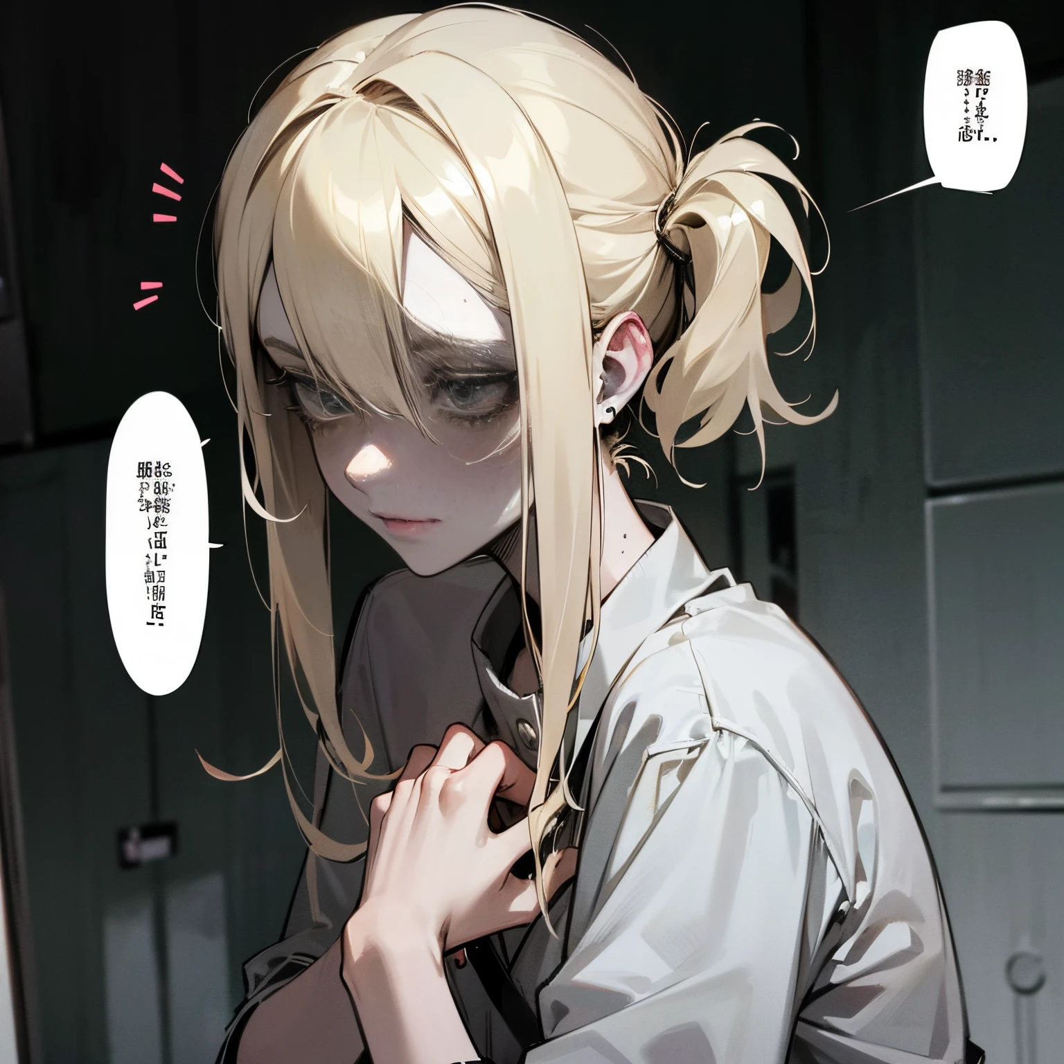 estilo anime, hospital morgue, young adult blonde zombie with dirty, grayish skin walking with her hands as if something is going to catch her, add a written speech bubble : "Brains";