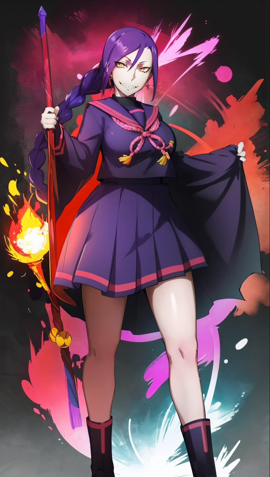 1girl, solo, looking at viewer, cowboy shot, hand arms full body,boots, standing,cute,breast, curvy, female,fantasy goddess,there is a cartoon picture of a woman with a very large breast, glowing divine being, glowing holy aura, inspired by Luma Rouge, the non-binary deity of spring, ethereal rainbow nimbus, the butterfly goddess of fire, inspired by Mariel, glowing aura around her, astral wind, as the goddess of the saturn, “uwu the prismatic person, big breast, serious, beautiful eyes, , full body, walking, long robe, long dress, ,priestess ,holy, smile, god rays, ray tracing, sparkle, cinematic lighting, UHD, retina, masterpiece, ccurate, anatomically correct, textured skin, super detail, high details, high quality, award winning, best quality, highres, 1080P, HD, 4K, thunder aura, light aura,full, snak staff,closed mouth,#anime #character #re:creators #magane chikujoin Trigger Words: chikujoin magane sharp teeth single braid school uniform serafuku pleated skirt thighhighs gloves earrings Version No.:, long skirt, sharpteeth smile