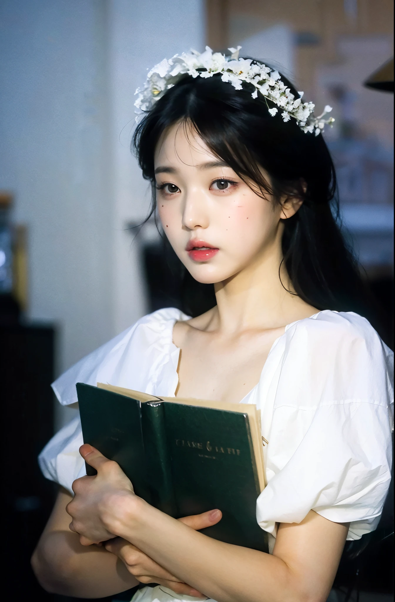 Best quality, masterpiece, ultra high res, (photorealistic:1.4), raw photo, 1girl, inside cafe, looking at viewer, long hair, pale skin, half body