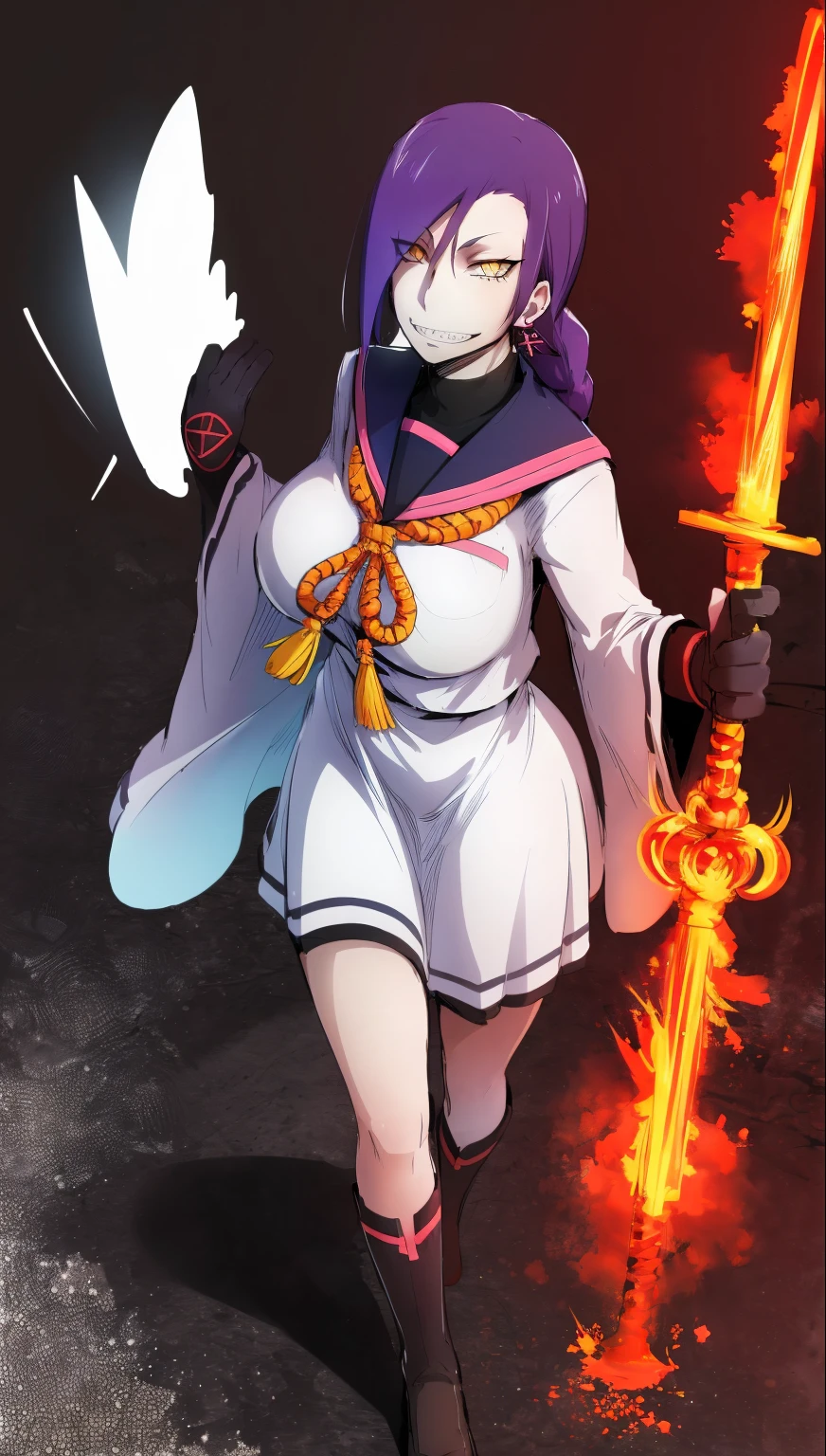 1girl, solo, looking at viewer, cowboy shot, hand arms full body,boots, standing,cute,breast, curvy, female,fantasy goddess,there is a cartoon picture of a woman with a very large breast, glowing divine being, glowing holy aura, inspired by Luma Rouge, the non-binary deity of spring, ethereal rainbow nimbus, the butterfly goddess of fire, inspired by Mariel, glowing aura around her, astral wind, as the goddess of the saturn, “uwu the prismatic person, big breast, serious, beautiful eyes, , full body, walking, long robe, long dress, ,priestess ,holy, smile, god rays, ray tracing, sparkle, cinematic lighting, UHD, retina, masterpiece, ccurate, anatomically correct, textured skin, super detail, high details, high quality, award winning, best quality, highres, 1080P, HD, 4K, thunder aura, light aura,full, snak staff,closed mouth,#anime #character #re:creators #magane chikujoin Trigger Words: chikujoin magane sharp teeth single braid school uniform serafuku pleated skirt thighhighs gloves earrings Version No.:, long skirt, sharpteeth smile