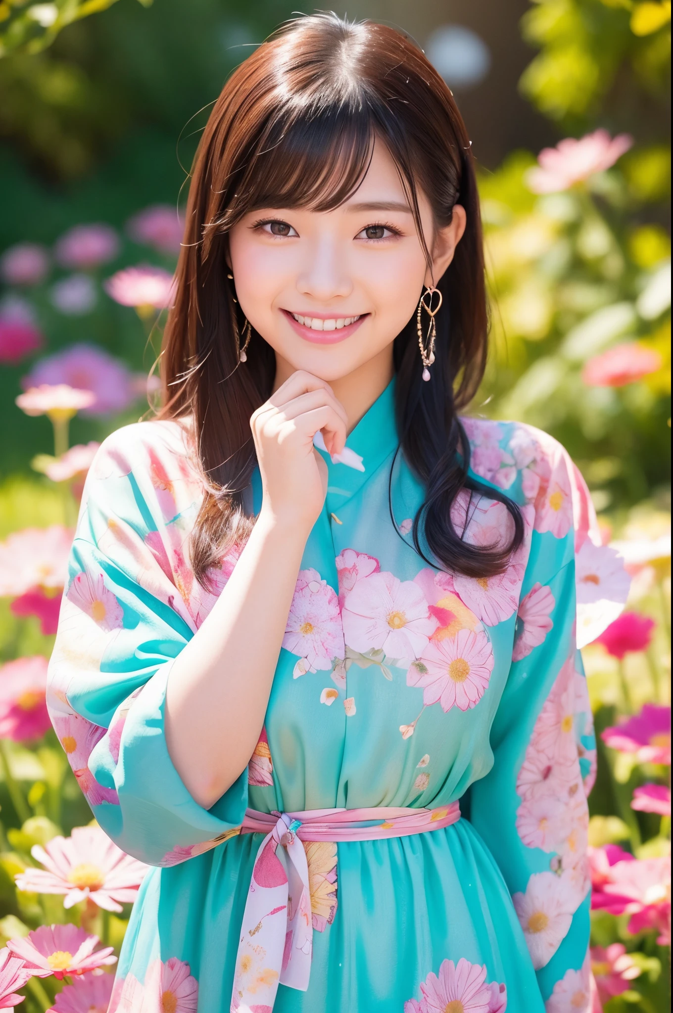 photoRealstic、Stand in front of the photo、A smile、Water droplets on the cheeks、In a cute pose、Flowing iridescent silk、up of face、Eye Up、Colorcon with heart pattern、Floral dress、Making a heart with both hands、There are flowers even in front of you、flower petals、Strong bokeh、season!!: 夏天☀ 🍂