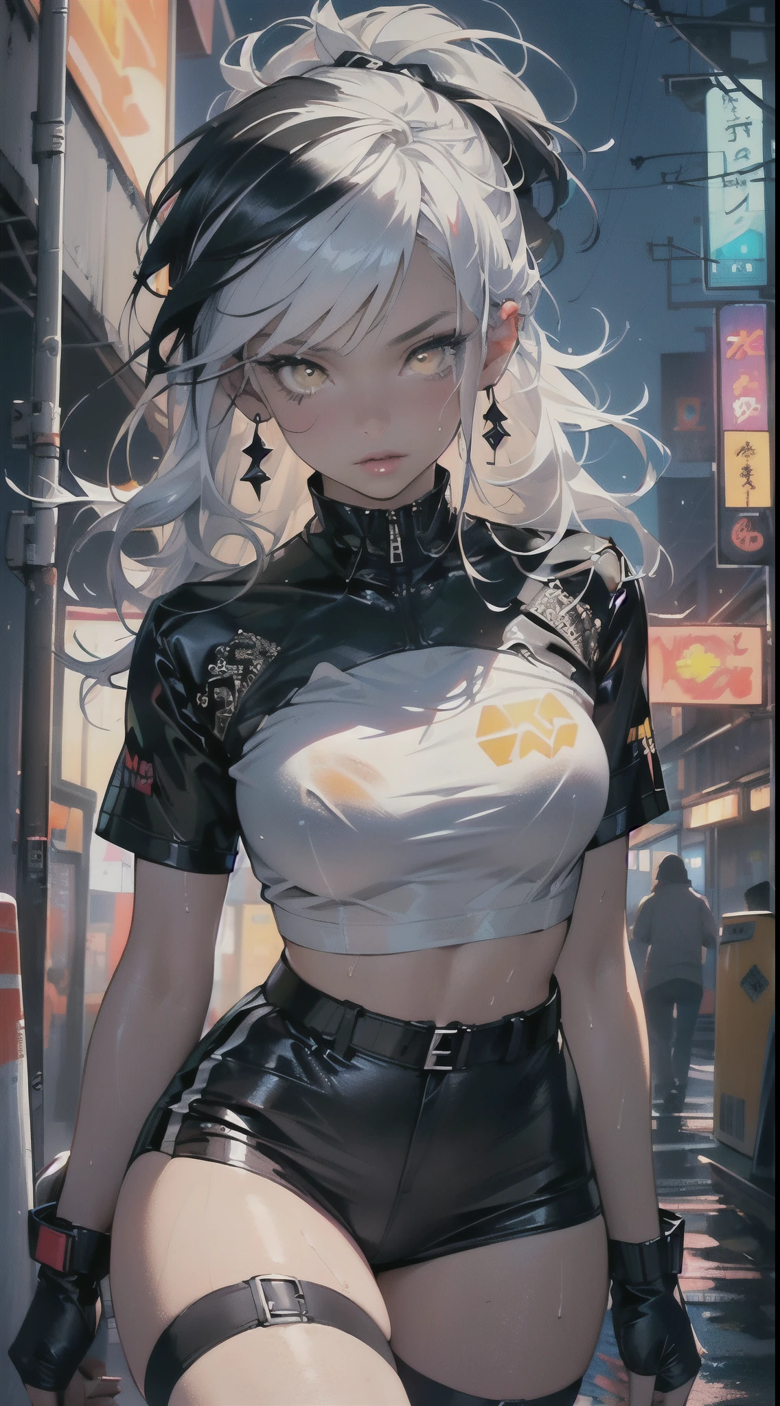 girl rave,(((1girl))),((girl with extremely cute and beautiful white hair)),dark skin,very dark skin,dark_skin,

(large breasts:1.4),saggy breasts,(((white hair:1.35,straight hair,long hair:1.4,colored inner hair,ear breathing))),(((light_yellow_eyes:1.3))),intricate eyes,beautiful detailed eyes,symmetrical eyes,big eyes:1.5,((fat)),((((black girl,black skin,dark-skinned_female,dark skin:1.3,ebony skin,lustrous skin:1.5,bright skin: 1.5,shiny skin,very shiny skin,shiny body,plastic glitter skin,exaggerated shiny skin,shiny skin like ebony,illuminated skin, wet legs))),(spider lower abdomen,narrow waist,wide hip,athletic body,inflated legs,detailed body,(detailed face)),

cute,slutty,seductive,erotic,((nsfw)),

zettai ryouiki,revealing clothing,show skin,((rave shirt with an yellow print,rave mini-skirt,visible thong straps)),((underpants strap)),(wearing a rave outfit:1.3,rave clothes,semi-naked,with little clothing),((wet clothes,intricate outfit,intricate clothes)),

(dynamic pose:1.0),solo focus,embarrassed,(centered,scale to fit dimensions,Rule of thirds),

cyberpunk city by the ocean at night, with bright neon signs and dark stormy clouds and puddles, scenery:1.25,nighttime, starry night, cosmos,Very dark night that makes the neon lights stand out, very bright neon lights,nighttime, starry night, cosmos,

artistic photography,(photography taken by sldr),highres, sharp focus,(ultra detailed, extremely detailed), (photorealistic artwork:1.37),(extremely detailed CG unity 8k wallpaper),((synthwave background theme)),(((vibrant colors))),intricate,(intricate background),(masterpiece),(best quality),perfect rendered face,perfect face details,realistic face,photo realistic,analog style,((intricate detail)),(((realism))),