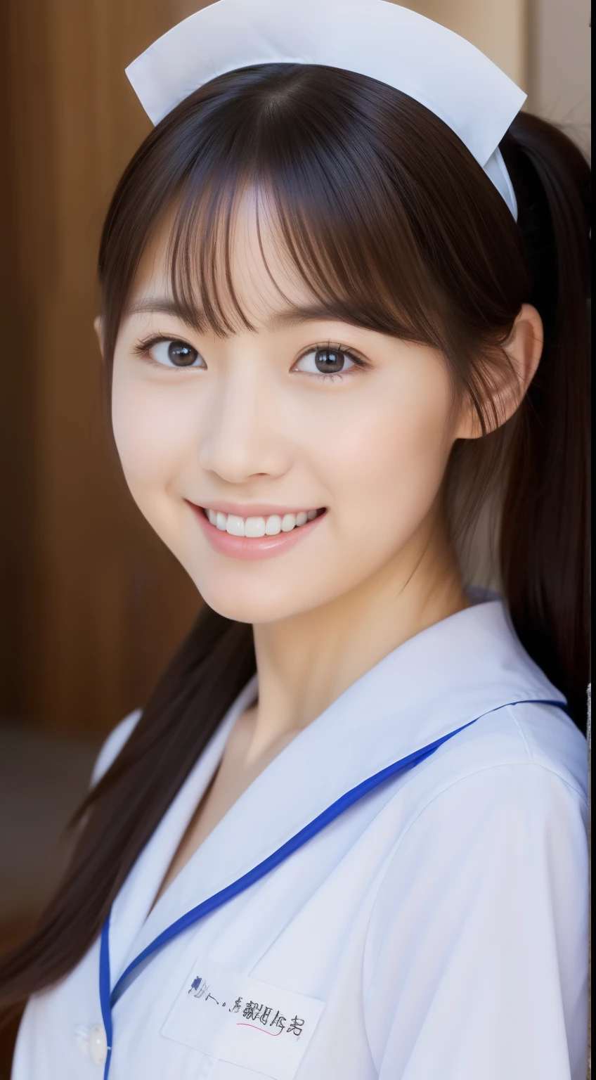 poneyTail、The face is a hostess、Dress is nurse uniform、hiquality、A hyper-realistic、healthy、Smiling expression、Slender perfect figure、Japan beauties、beautidful eyes、face perfect、Beautiful skin、The background is the library、up of face