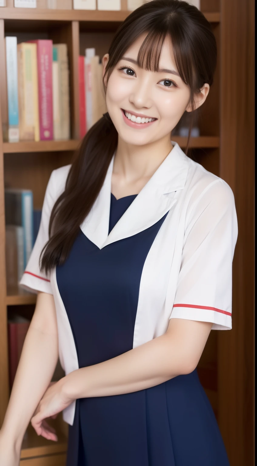 poneyTail、The face is a hostess、Dress is nurse uniform、hiquality、A hyper-realistic、healthy、Smiling expression、Slender perfect figure、Japan beauties、beautidful eyes、face perfect、Beautiful skin、The background is the library、up of face