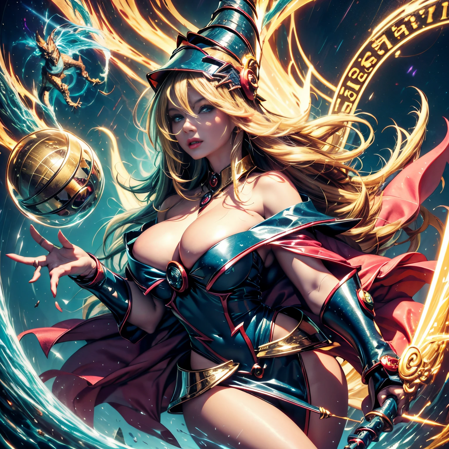 Amazing illustration of the dragon behind the beautiful girl, dark magician gils, cabello rubio y largo, ojos verdes, labios rojos, Hermoso kimono negro con rosado, Masutepiece, A golden dragon surrounded by gold dust, viento, DIOS, Cuerpo largo y ondulado, Colmillos, fantasy, mito, alta calidad, Altamente detallado, Masutepiece, epopeya, Particle effect, dynamic effects, Los ojos son cristales, Buena suerte, fondo dorado, Wealth is on the rise, oro, una cabeza, realista, Dragon God, El fondo es dorado, 7 colores de brillo, grandes,