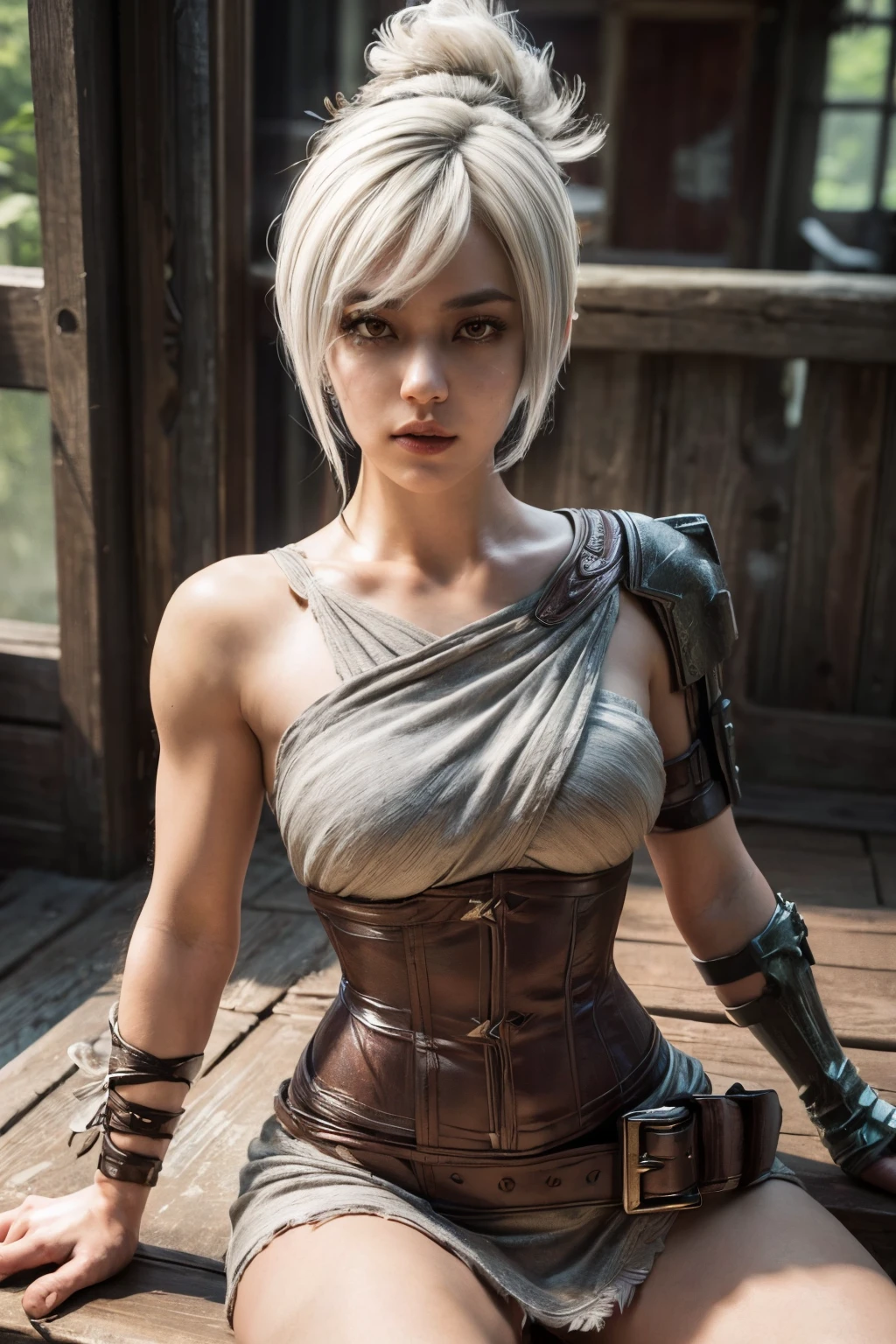 (Masterpiece:1.2), best quality, (illustration:1.2), (ultra-detailed), riven \(league of legends\), 1girl, folded ponytail, short dress, single pauldron, corset, white hair, sitting, upper body, cowboy shot