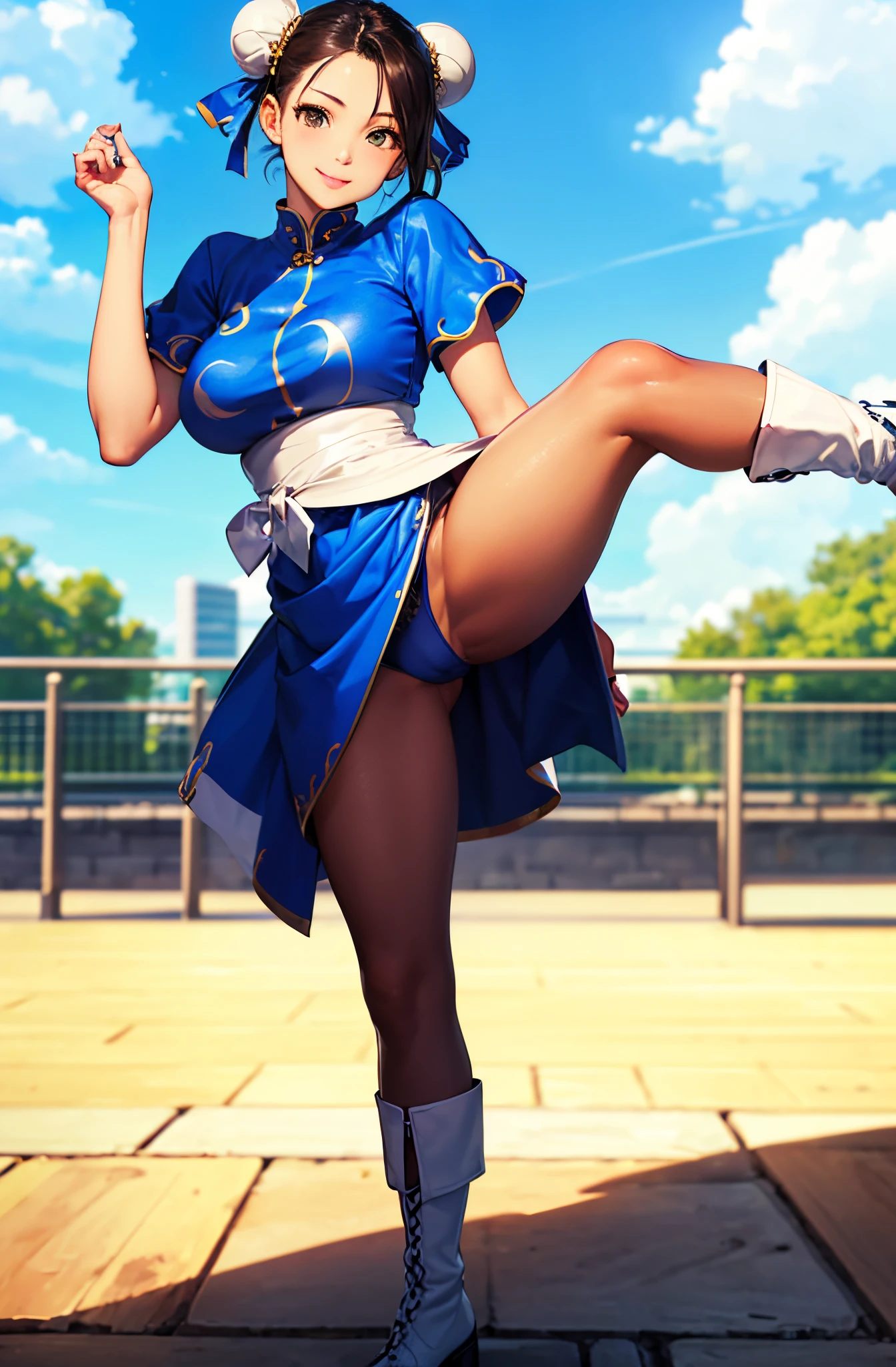 (top-quality:1.5)、(16k wallpaper:1.2)、(Photorealsitic:1.2)、(ultra-detailliert:1.2)、(超A high resolution:1.2)、super-detaild skin、Detailed and clean eyes、Tsuriformes、Beautiful eyeshadow、in a street、Beautiful cityscape、(Standing on one leg:1.2)、(cool kick:1.2)、Chun-Li's Costume、Japan 18-year-old woman、Natural Color Lip、large full breasts、Cute smile、Brown stockings、white boots、Seen from the front、Blue Panties