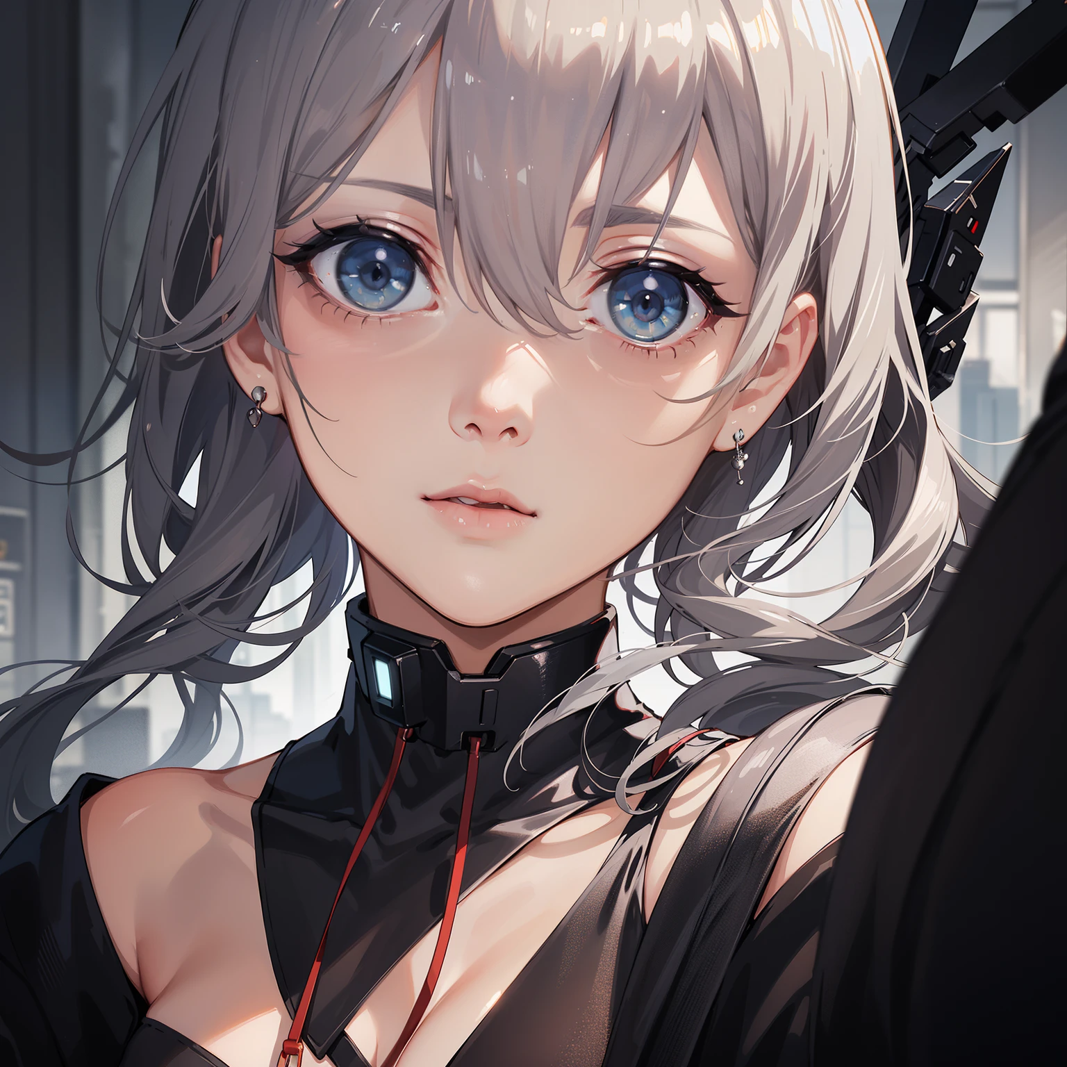 cyberpunked,Cyber City,Hi-Tech,High-tech townscape,Blowing in the wind,Relaxing girl,poneyTail,My room,(8K), (Raw photo: 1.2), (Realism: 1.4), (masterpiece: 1.3), (exquisite detailing: 1.2), Delicate and beautiful details, (Eye Detail), (Facial Detailed), (Highest Quality) :1.4), (Hyper-Resolution: 1.2), cinematric light, (very detailed illustration),Best Quality,depth of fields, Wide light, natural shadows silver gray hair