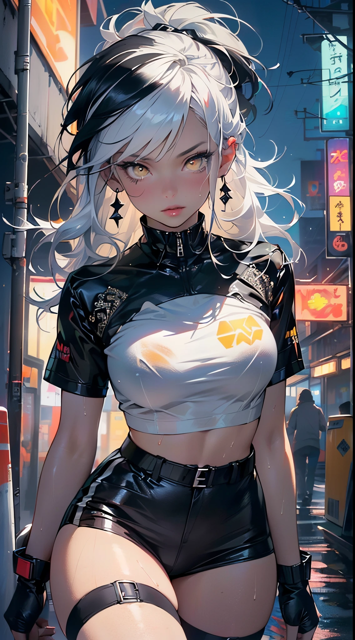 girl rave,(((1girl))),((girl with extremely cute and beautiful white hair)),dark skin,very dark skin,dark_skin,
(large breasts:1.4),saggy breasts,(((white hair:1.35,straight hair,long hair:1.4,colored inner hair,ear breathing))),(((light_yellow_eyes:1.3))),intricate eyes,beautiful detailed eyes,symmetrical eyes,big eyes:1.5,((fat)),((((black girl,black skin,dark-skinned_female,dark skin:1.3,ebony skin,lustrous skin:1.5,bright skin: 1.5,shiny skin,very shiny skin,shiny body,plastic glitter skin,exaggerated shiny skin,shiny skin like ebony,illuminated skin, wet legs))),(spider lower abdomen,narrow waist,wide hip,athletic body,inflated legs,detailed body,(detailed face)),
cute,slutty,seductive,erotic,((nsfw)),
zettai ryouiki,revealing clothing,show skin,((rave shirt with an yellow print,rave mini-skirt,visible thong straps)),((underpants strap)),(wearing a rave outfit:1.3,rave clothes,semi-naked,with little clothing),((wet clothes,intricate outfit,intricate clothes)),
(dynamic pose:1.0),solo focus,embarrassed,(centered,scale to fit dimensions,Rule of thirds),
cyberpunk city by the ocean at night, with bright neon signs and dark stormy clouds and puddles, scenery:1.25,nighttime, starry night, cosmos,Very dark night that makes the neon lights stand out, very bright neon lights,nighttime, starry night, cosmos,
artistic photography,(photography taken by sldr),highres, sharp focus,(ultra detailed, extremely detailed), (photorealistic artwork:1.37),(extremely detailed CG unity 8k wallpaper),((synthwave background theme)),(((vibrant colors))),intricate,(intricate background),(masterpiece),(best quality),perfect rendered face,perfect face details,realistic face,photo realistic,analog style,((intricate detail)),(((realism))),