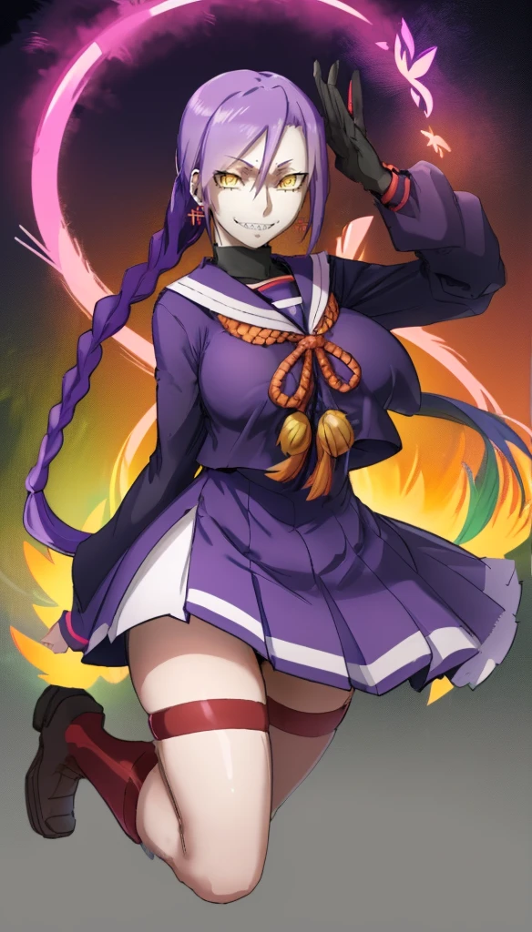 1girl, solo, looking at viewer, cowboy shot, hand arms full body,boots, standing,cute,breast, curvy, female,fantasy goddess,there is a cartoon picture of a woman with a very large breast, glowing divine being, glowing holy aura, inspired by Luma Rouge, the non-binary deity of spring, ethereal rainbow nimbus, the butterfly goddess of fire, inspired by Mariel, glowing aura around her, astral wind, as the goddess of the saturn, “uwu the prismatic person, big breast, serious, beautiful eyes, , full body, walking, long robe, long dress, ,priestess ,holy, smile, god rays, ray tracing, sparkle, cinematic lighting, UHD, retina, masterpiece, ccurate, anatomically correct, textured skin, super detail, high details, high quality, award winning, best quality, highres, 1080P, HD, 4K, thunder aura, light aura,full, snak staff,closed mouth,#anime #character #re:creators #magane chikujoin Trigger Words: chikujoin magane sharp teeth single braid school uniform serafuku pleated skirt thighhighs gloves earrings Version No.:, long skirt, sharpteeth smile