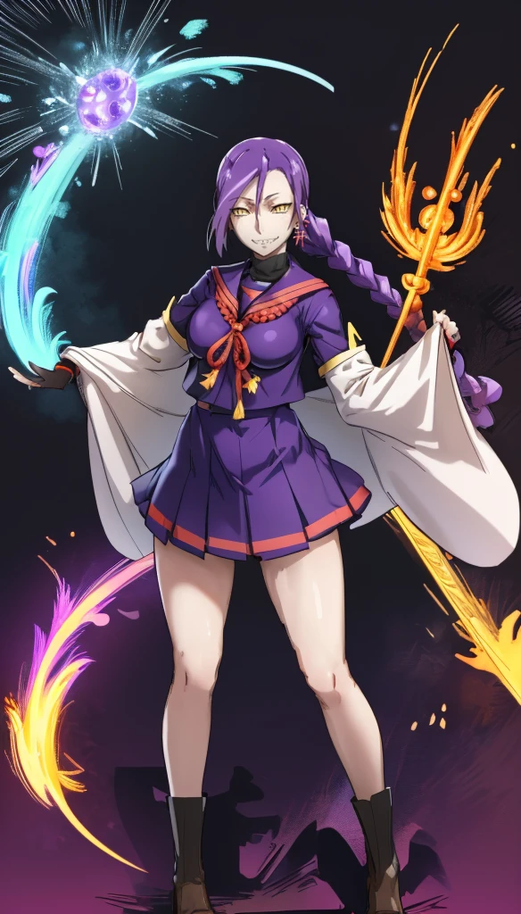 1girl, solo, looking at viewer, cowboy shot, hand arms full body,boots, standing,cute,breast, curvy, female,fantasy goddess,there is a cartoon picture of a woman with a very large breast, glowing divine being, glowing holy aura, inspired by Luma Rouge, the non-binary deity of spring, ethereal rainbow nimbus, the butterfly goddess of fire, inspired by Mariel, glowing aura around her, astral wind, as the goddess of the saturn, “uwu the prismatic person, big breast, serious, beautiful eyes, , full body, walking, long robe, long dress, ,priestess ,holy, smile, god rays, ray tracing, sparkle, cinematic lighting, UHD, retina, masterpiece, ccurate, anatomically correct, textured skin, super detail, high details, high quality, award winning, best quality, highres, 1080P, HD, 4K, thunder aura, light aura,full, snak staff,closed mouth,#anime #character #re:creators #magane chikujoin Trigger Words: chikujoin magane sharp teeth single braid school uniform serafuku pleated skirt thighhighs gloves earrings Version No.:, long skirt, sharpteeth smile