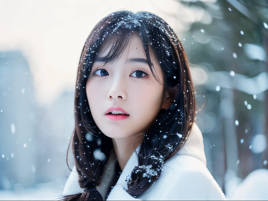 (top-quality、8k、masterpiece)、cute japanese model、shoulder-length hair、Thin makeup、Colossal tits、Wearing a coat、in snow、Clear facial features、sharp and realistic details、From the outside、Eye level shots、F / 4.0、135 mm、jpegartifacts、Doing squats、double wool gloves、