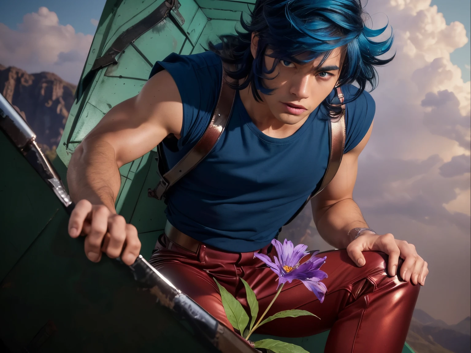 (masterpiece), (realistic), close up, (male) of 20 years old, asian (1boy), solo, slightly low view, looking the flower, looking down, on one knee, ((handsome man), ((strong face)), ((surprised face)), ((pretty big blue eyes)), ((perfect blue eyes)), short messy blue hair, ((bangs)), hair blowing in the air, (((beardless))), masculine blue t-shirt, red pants, leather  shoulder straps, (((metallic Chrome box on his back))), looking a purple flower in the soil (first plaina), stem and green leaves), looking the flower, mountains surrounded by mists background, cinematic lighting.