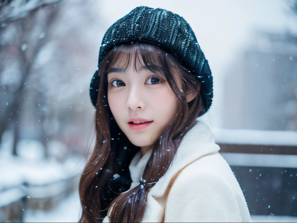 (top-quality、8k、masterpiece)、cute japanese model、shoulder-length hair、Thin makeup、Colossal tits、Wearing a coat、in snow、Clear facial features、sharp and realistic details、From the outside、Eye level shots、F / 4.0、135 mm、jpegartifacts、Doing squats、double wool gloves、