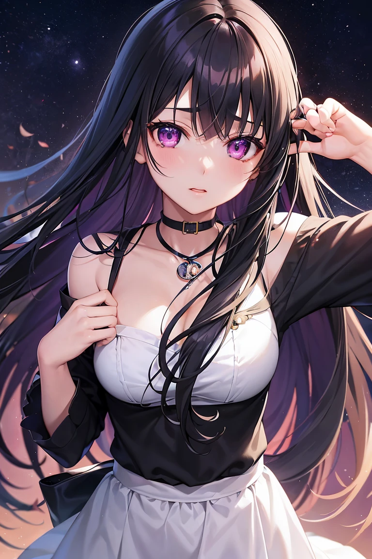 ((best quality)), ((masterpiece)), (detailed), perfect face. Asian girl. Purple hair. Purple eyes. Topless. Medium breast.