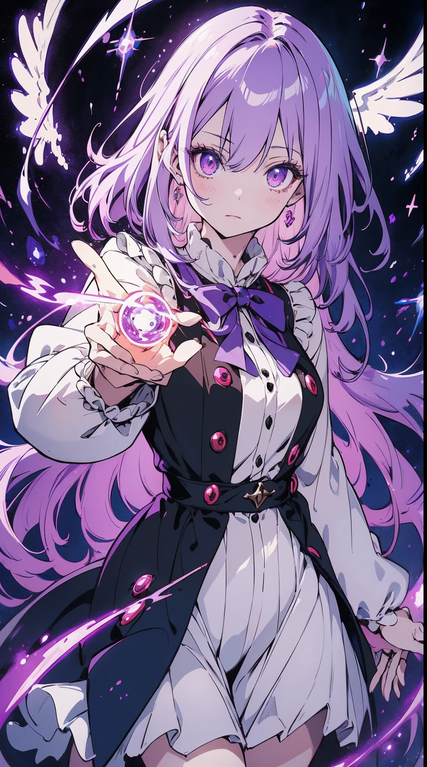 masutepiece, Best Quality, Extremely detailed, wizardry theme,vibrant colors,1 wizard girl,clear face,Purple straight hair,Purple eyes,pale skin,white Blouse with ruffles,Black Long  Coat,large magic wand,floating,magic circles background,cinematic angel,amazing,super fine illustration,Hyper realistic, Perfect Anatomy, Perfect five fingers