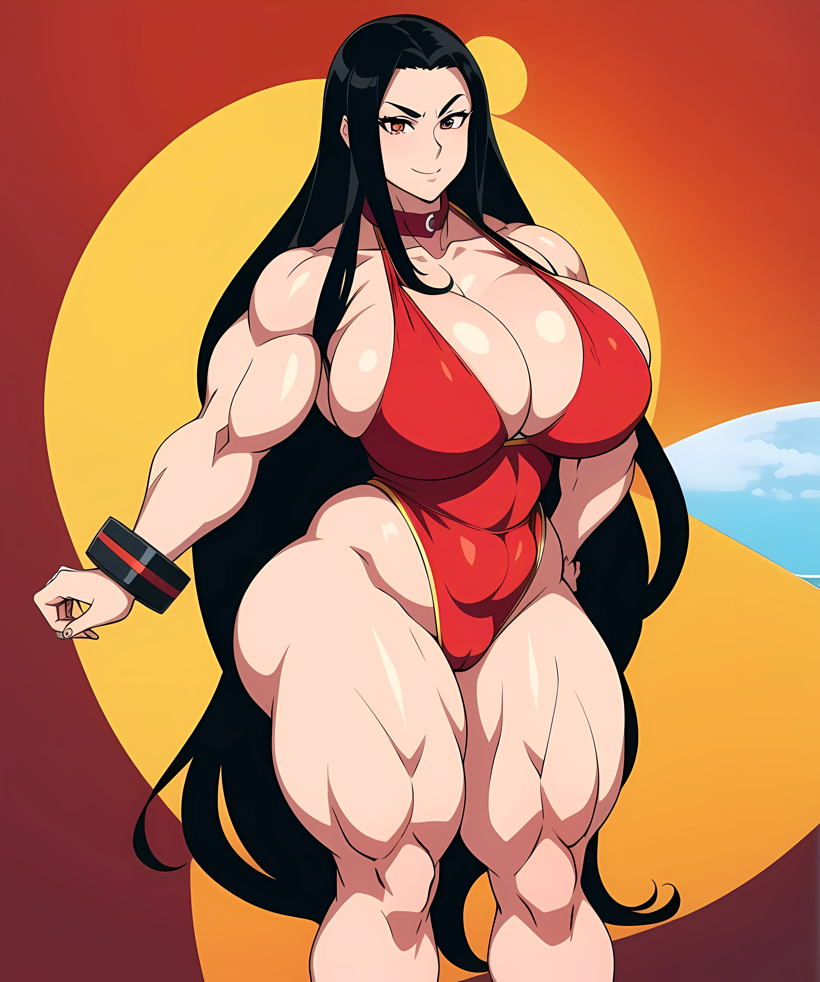 azula. very long curly hair. dog collar. ultra Huge breasts. huge hips. bbw. . red swimsuit. disney style, ((((huge muscles)))) .