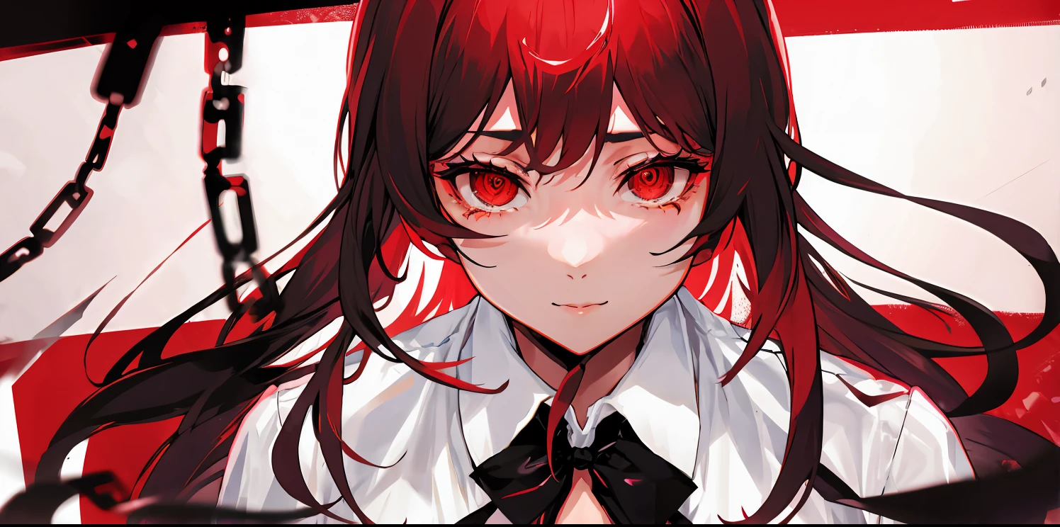 Chica anime con cabello largo y una camisa blanca con un fondo oscuro, llorando,red eyes high resolution ultra detailed,