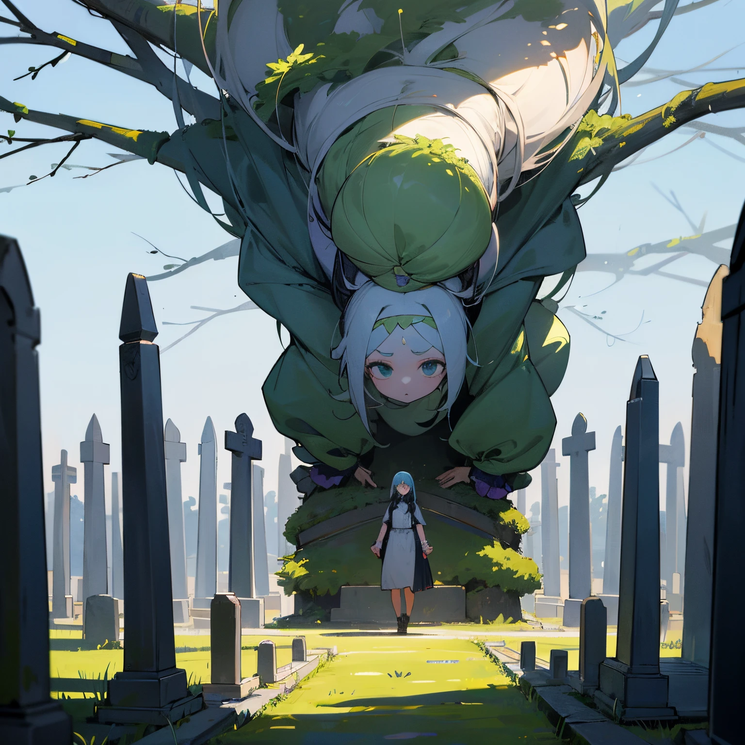 Anime style, melhor qualidade possivel; Simple cemetery, uma arvore seca com uma coruja no galho, tombs and graves, uma zumbi mulher jovem zumbi, cor acinzentada, camiseta suja e surrada aparecendo os ombros, de calcinha preta, extend your hands as if you were going to look for something, olhos bem abertos, boca babando, cabelos sujos, she walks among the tombs, lua cheia ao fundo; add written speech bubble "BRAINS"