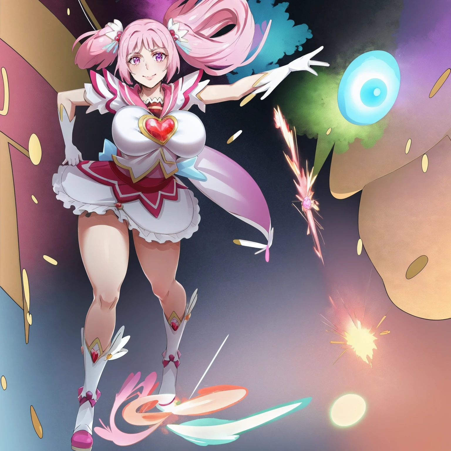 masterpiece, best quality, indoors, mamikafairy, 1girl, solo, looking at viewer,, hand arms full body,boots, standing,cute,boots, standing,cute,breast, curvy, female,fantasy goddess,there is a cartoon picture of a woman with a very large breast, glowing divine being, glowing holy aura, inspired by Luma Rouge, the non-binary deity of spring, ethereal rainbow nimbus, the butterfly goddess of fire, inspired by Mariel, glowing aura around her, astral wind, as the goddess of the saturn, “uwu the prismatic person, big breast, serious, beautiful eyes, , full body, walking, long robe, long dress, ,priestess ,holy, smile, god rays, ray tracing, sparkle, cinematic lighting, UHD, retina, masterpiece, ccurate, anatomically correct, textured skin, super detail, high details, high quality, award winning, best quality, highres, 1080P, HD, 4K, thunder aura, light aura,full, huge breast, curvy
