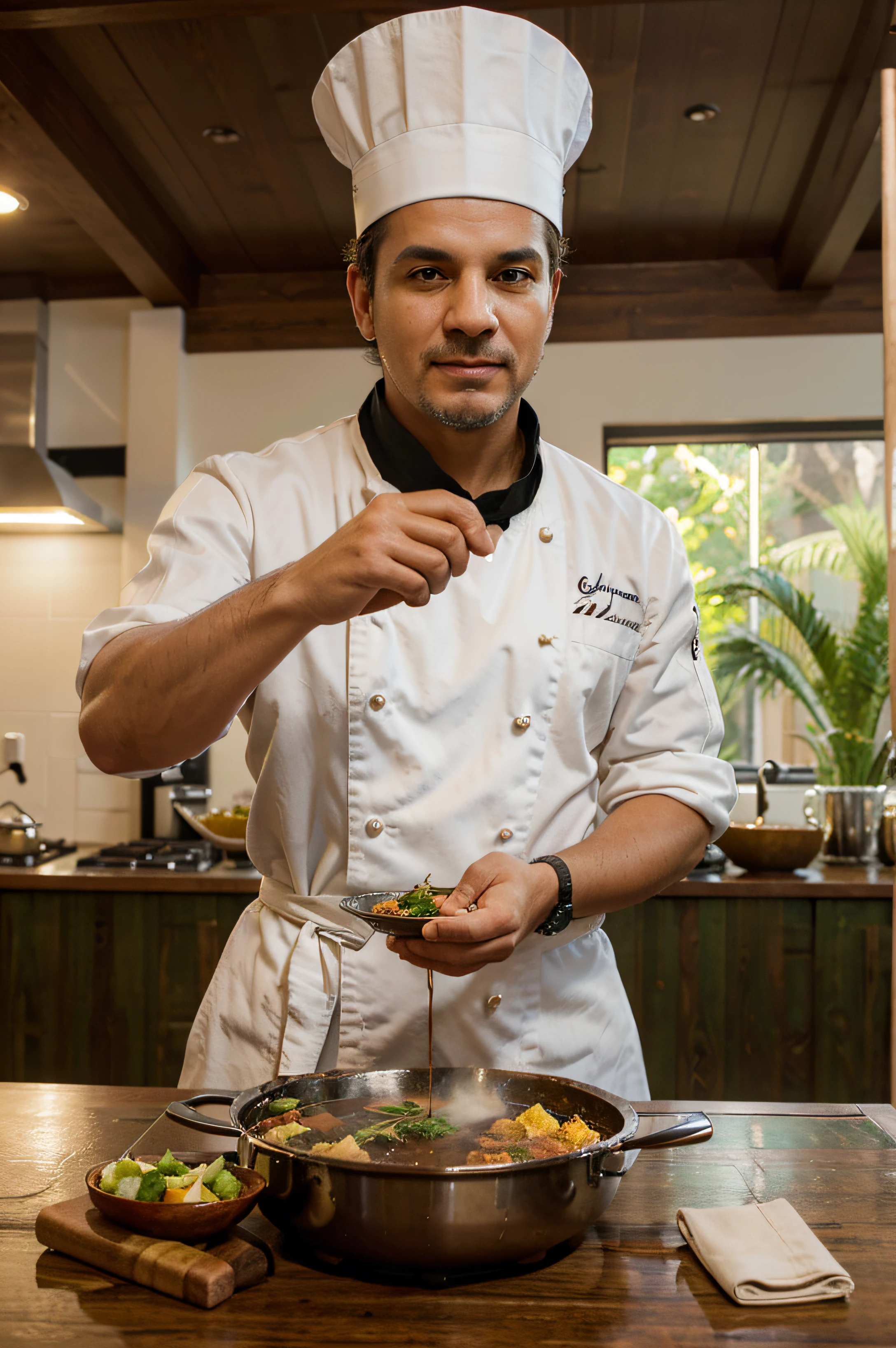The charismatic chef, elegantly dressed in his white jacket, checkered scarf and tall chef's hat, with intense green eyes, now commands a majestic scene behind a generously sized table. The table, covered in an impeccable white linen, stretches the entire length of the room, providing a spectacular platform for displaying your culinary art.
The camera, strategically positioned at a distance that embraces the entire grandeur of the environment, captures not only the magnitude of the table, but also the large and elegantly decorated space around it. Soft lighting subtly highlights details, creating a welcoming and sophisticated atmosphere.
On the table, next to the fresh ingredients and kitchen utensils, a steaming feijoada occupies a prominent place. The cauldron exudes irresistible aromas, while generous portions are arranged on fine plates around it. Next to it, bottles of cold soda, with drops of condensation running down, complete the gastronomic experience.
The chef's green eyes, now visible in a wider context, remain focused forward, conveying a mix of confidence and passion as he shares stories and insights into each culinary creation, including the rich feijoada. The chef's skilled hands move gracefully across the table's extensive surface, revealing not only his culinary skills but also his meticulous attention to detail.
The audience, enveloped in the beauty of the environment, is invited to visually explore the gastronomic spectacle that unfolds before them, with the feijoada and soda adding an authentic and delicious touch to the experience.
In short, the camera, strategically positioned further away, captures the grandeur of the scene, where the chef, with his expressive green eyes, commands an extraordinarily large table, now adorned with an irresistible feijoada and ice-cold soft drinks, transforming cooking into a truly magnificent experience.