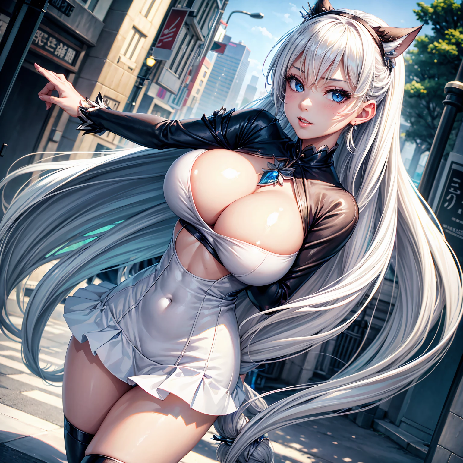 a close up of a woman with a very big breast posing for a picture, realistic, cleavage, busty, she has white hair with bangs, with pale skin, thicc, sie boob, black bangs white hair, sakimichan, buxom chested, gorgeous female, weiss schnee cosplay, girl cosplaing weiss schnee, flirting smile, looking at viewer, girl overflowing her top with boobs, girl overflowing her top with boobs!!, walking on the street, close up, girl walking on the street