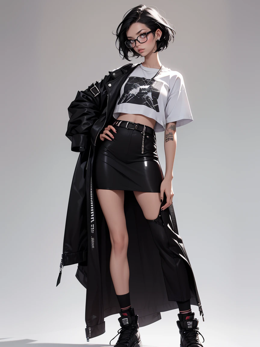 Full body, (short black hair) Make-up, Mascara, Soft or coloured lips, Simple black background, Minimalism, Monotone, Simple colour palettes, Clean, Sharp patterns, Flowing silhouettes, Punk , Mid-calf trousers, (white t-shirt) Ripped clothes, Rocha, Skirt, Asymmetric, Geometric, Colourful clothes, Simple accessories, Different designs, Simple silhouettes, Diesel style, Punk girl, Minimalism, High-quality materials, Cool and urban prints, High fashion, Punk fashion, Black colour, Sexy, Glasses, Oversized fashion, Wide clothes, Detailed print