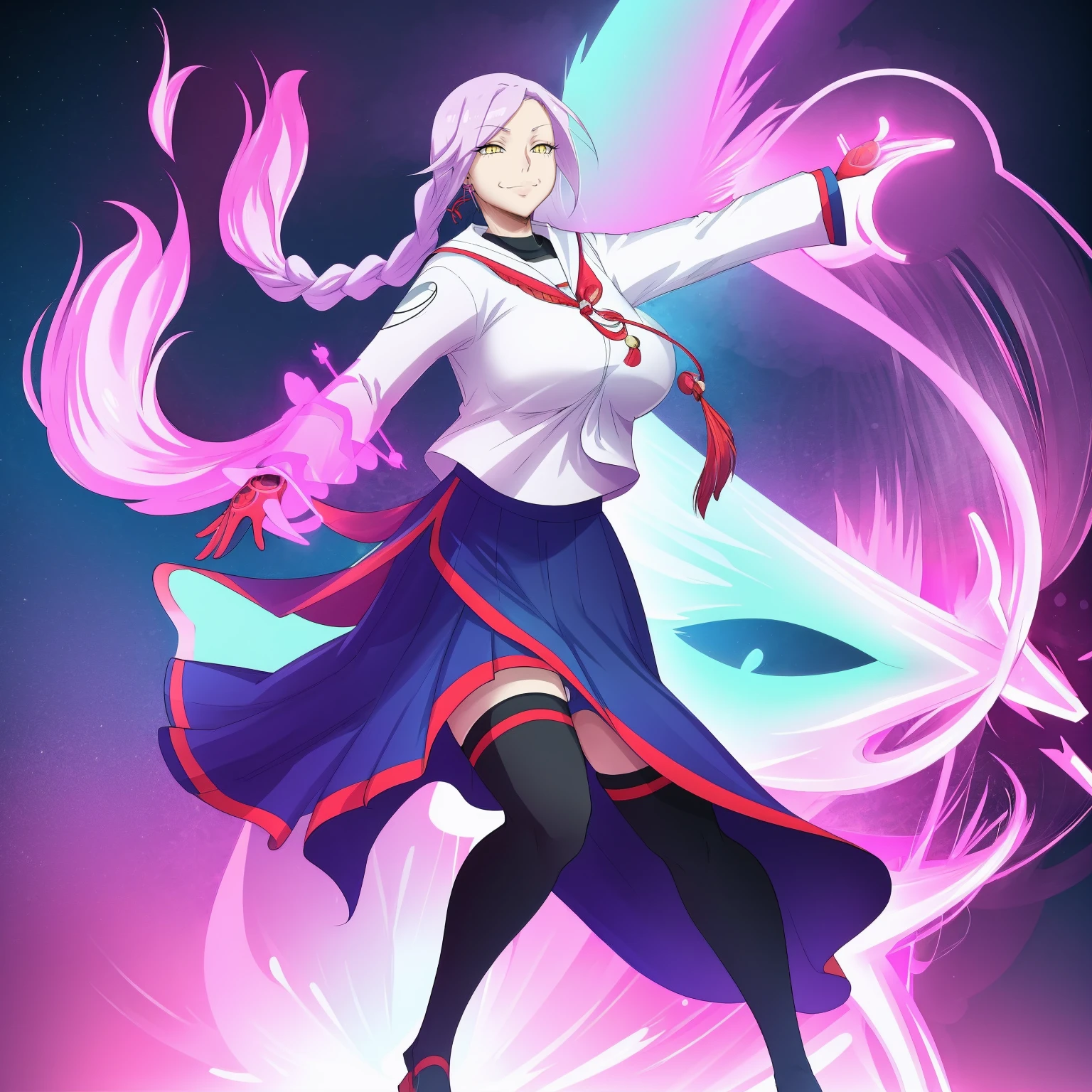1girl, solo, looking at viewer, cowboy shot, hand arms full body,boots, standing,cute,breast, curvy, female,fantasy goddess,there is a cartoon picture of a woman with a very large breast, glowing divine being, glowing holy aura, inspired by Luma Rouge, the non-binary deity of spring, ethereal rainbow nimbus, the butterfly goddess of fire, inspired by Mariel, glowing aura around her, astral wind, as the goddess of the saturn, “uwu the prismatic person, big breast, serious, beautiful eyes, , full body, walking, long robe, long dress, ,priestess ,holy, smile, god rays, ray tracing, sparkle, cinematic lighting, UHD, retina, masterpiece, ccurate, anatomically correct, textured skin, super detail, high details, high quality, award winning, best quality, highres, 1080P, HD, 4K, thunder aura, light aura,full, snak staff,closed mouth,#anime #character #re:creators #magane chikujoin Trigger Words: chikujoin magane sharp teeth single braid school uniform serafuku pleated skirt thighhighs gloves earrings Version No.:, long skirt, sharpteeth smile
