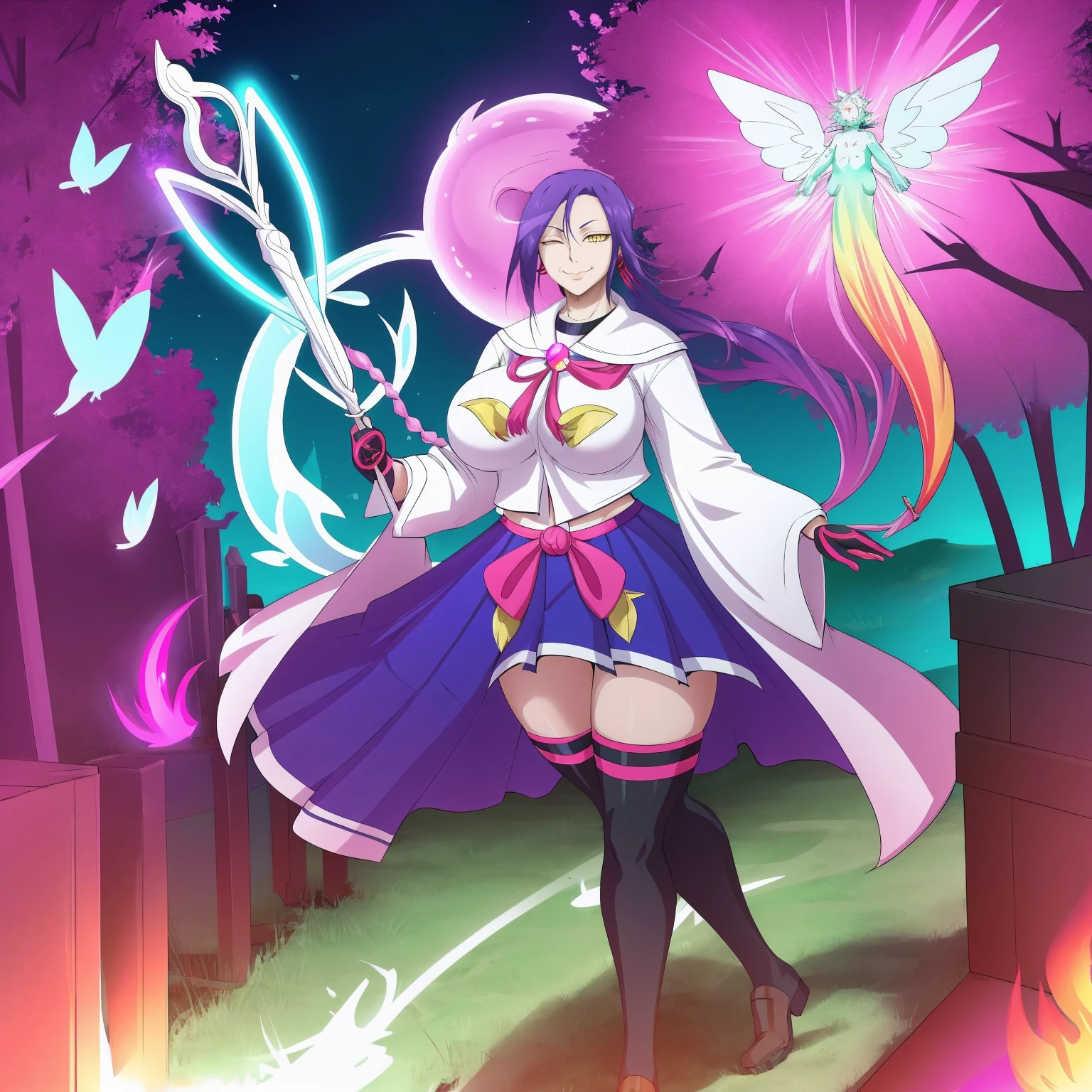 1girl, solo, looking at viewer, cowboy shot, hand arms full body,boots, standing,cute,breast, curvy, female,fantasy goddess,there is a cartoon picture of a woman with a very large breast, glowing divine being, glowing holy aura, inspired by Luma Rouge, the non-binary deity of spring, ethereal rainbow nimbus, the butterfly goddess of fire, inspired by Mariel, glowing aura around her, astral wind, as the goddess of the saturn, “uwu the prismatic person, big breast, serious, beautiful eyes, , full body, walking, long robe, long dress, ,priestess ,holy, smile, god rays, ray tracing, sparkle, cinematic lighting, UHD, retina, masterpiece, ccurate, anatomically correct, textured skin, super detail, high details, high quality, award winning, best quality, highres, 1080P, HD, 4K, thunder aura, light aura,full, snak staff,closed mouth,#anime #character #re:creators #magane chikujoin Trigger Words: chikujoin magane sharp teeth single braid school uniform serafuku pleated skirt thighhighs gloves earrings Version No.:, long skirt, sharpteeth smile
