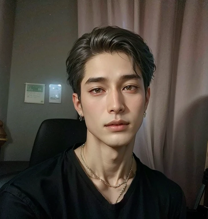 Man with a black shirt and a necklace around his neck, Cai Xukun, Hyung Tae, Jinyoung Canela, TaeJune Kim, Yanjun Chengt, Hong June Hyung, Jung Jaehyun, Sul Coreano Masculino, brilhante da chuva, Foto de perfil do headshot, Ulzzang macho, inspirado em Yanjun Cheng, Inspirado em Jeonseok Lee