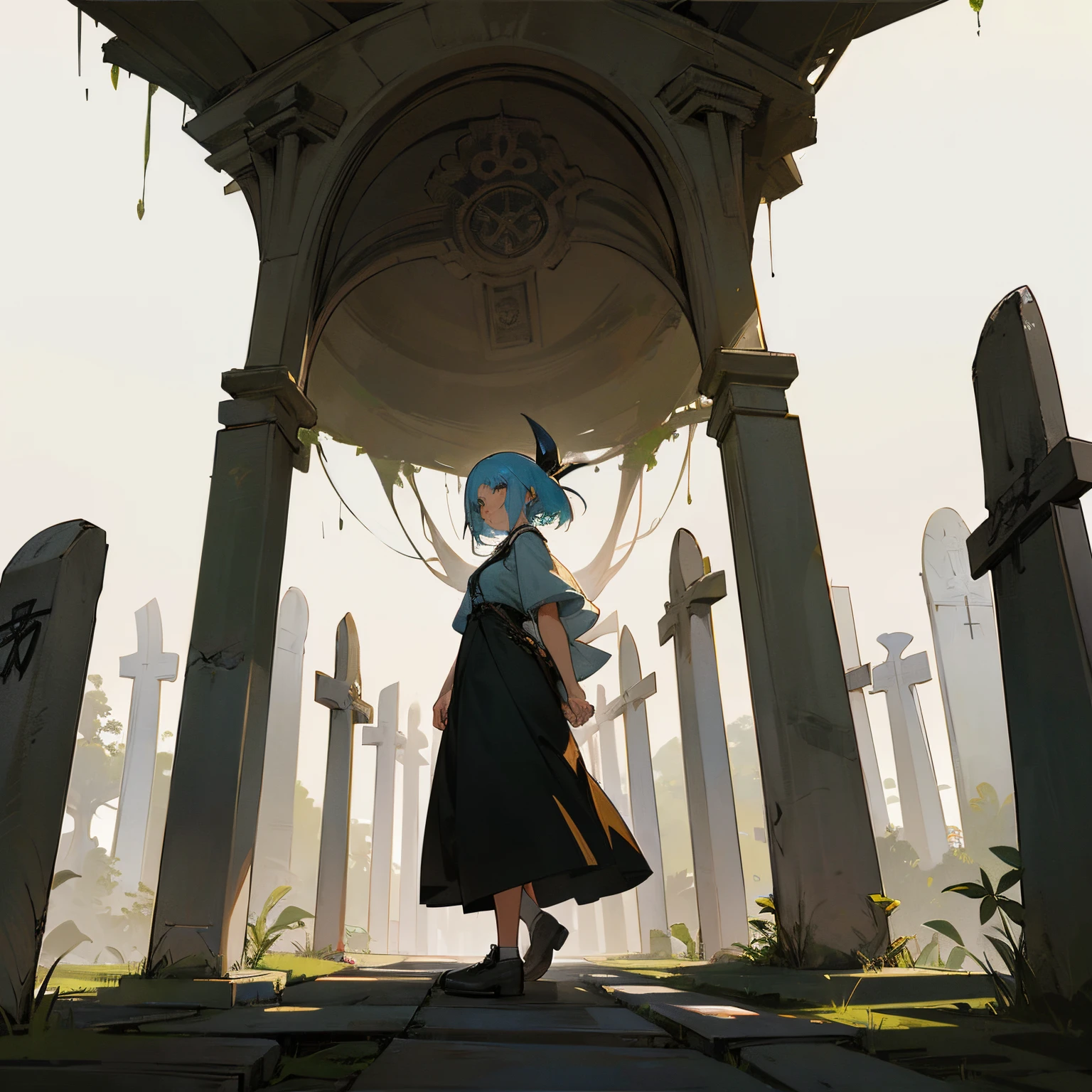Anime style, melhor qualidade possivel; Simple cemetery, uma arvore seca com uma coruja no galho, tombs and graves, uma zumbi mulher jovem zumbi, cor acinzentada, camiseta suja e surrada aparecendo os ombros, de calcinha preta, extend your hands as if you were going to look for something, olhos bem abertos, boca babando, cabelos sujos, she walks among the tombs, lua cheia ao fundo; add written speech bubble "BRAINS"