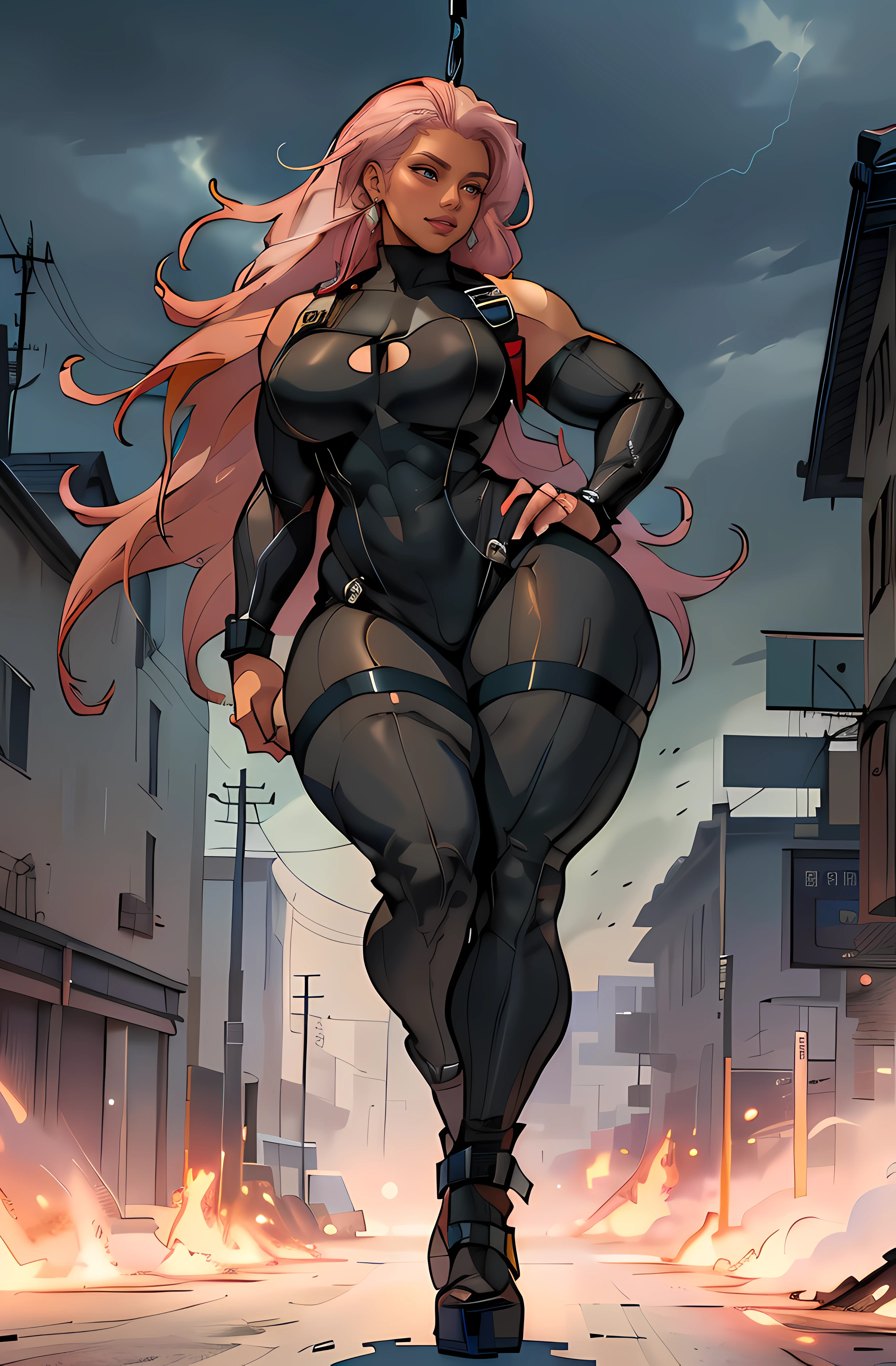 grey background, solo, 1 girl, bodysuit with straps, very long hair, pink hair, angry, brown eyes, earrings ((hanging breasts: 1.6)), ((thick thighs)), (full body), dark skin, storm from x-men