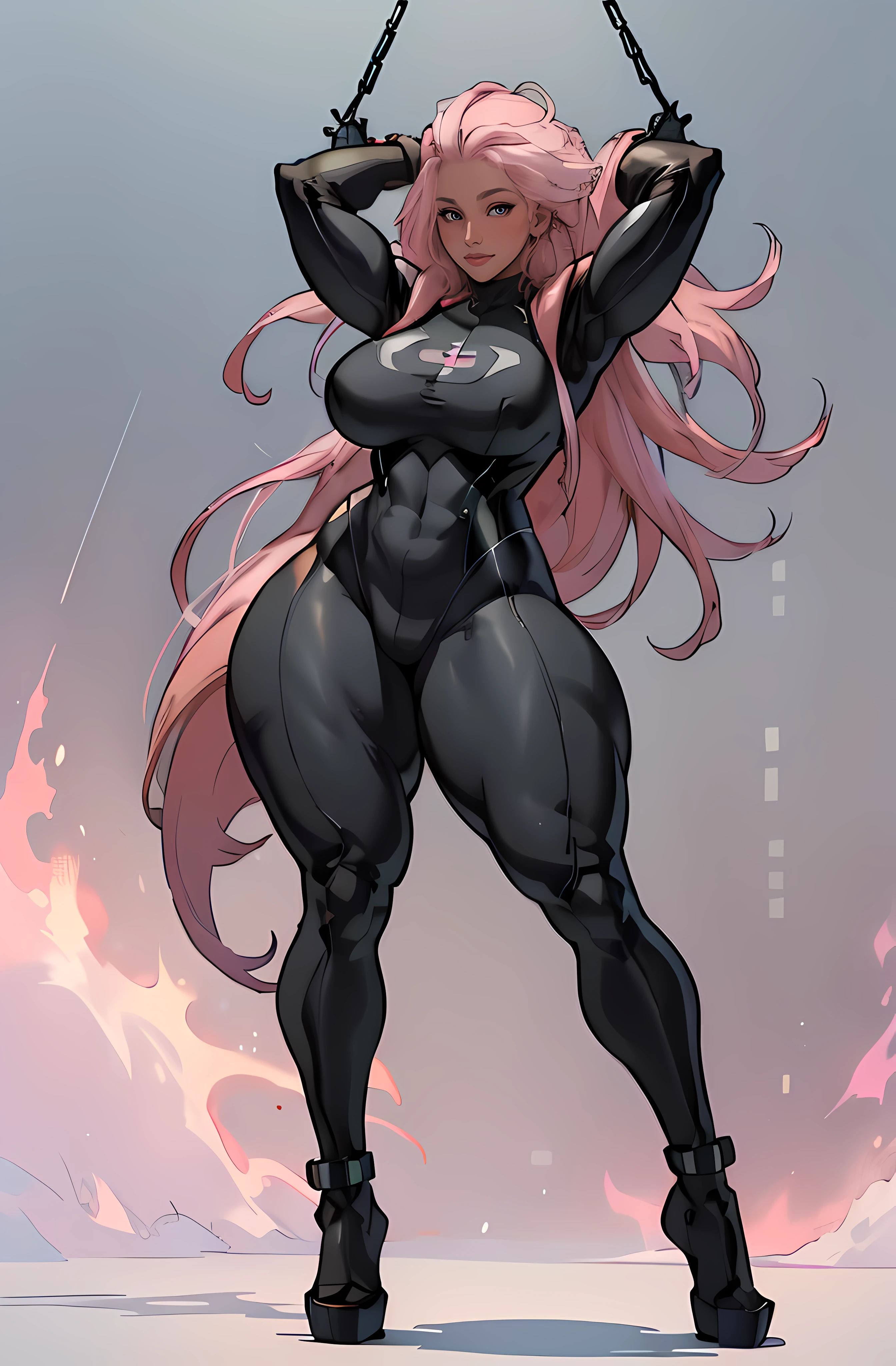 grey background, solo, 1 girl, bodysuit with straps, very long hair, pink hair, angry, brown eyes, earrings ((hanging breasts: 1.6)), ((thick thighs)), (full body), dark skin, storm from x-men