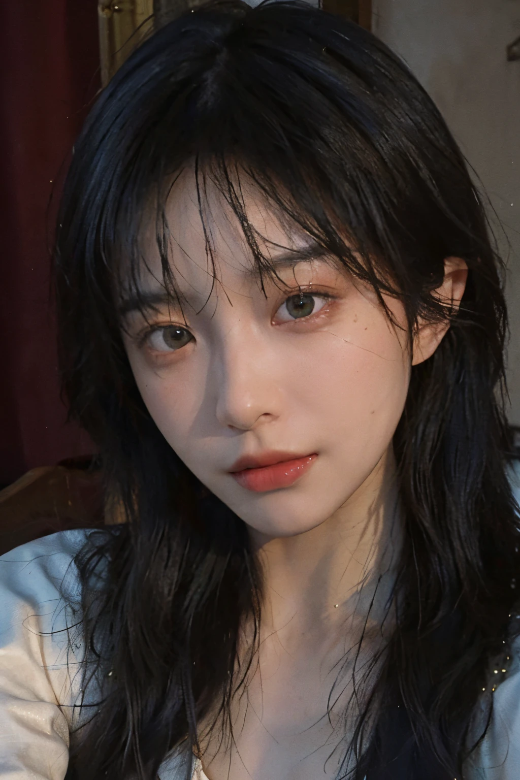 8K,Best quality, masterpiece, ultra high res, (photorealistic:1.4), raw photo, (Authentic skin texture:1.3), (film grain:1.3), (selfie angle),1girl,beautiful detailed eyes and face,masterpiece, best quality,close-up,upper bod,