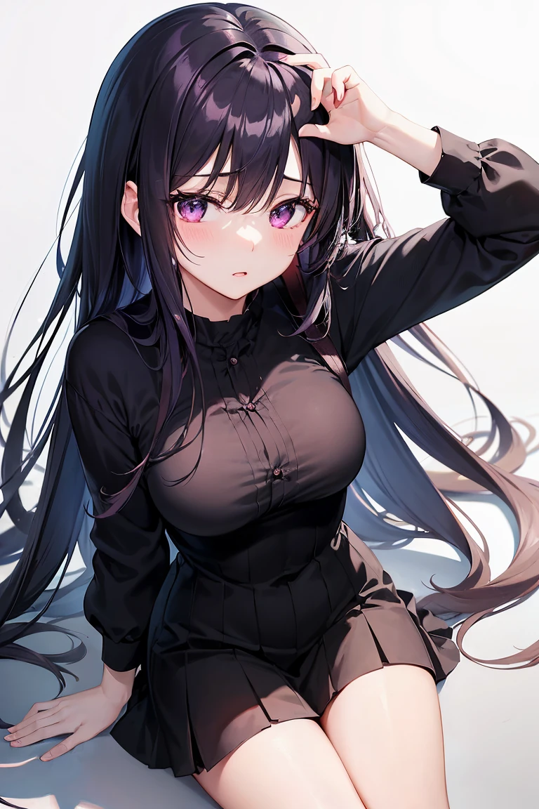 Create a stunning fashion portrait of an anime girl with long black hair and captivating purple eyes. Give her a cute and moe artstyle, with smooth CG art and a hint of gapmoe yandere. Draw inspiration from Hinata Hyuga, focusing on her beautiful face. Infuse the artwork with a mix of realistic anime and high school girl aesthetics. Zoom in for a close-up shot, capturing the essence of Iwakura Lain. --ar 16:9 --v 5.2