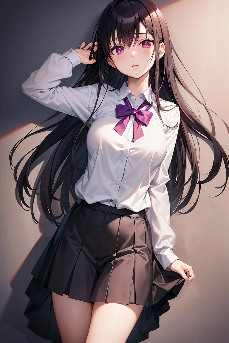 (best quality,4K,(masterpiece:1.2),very detailed,studio lighting,fancy,soft pastel tones,Nezuko Kamada,beautiful and delicate eyes,long black hair,delicate features,(With bamboo mouth guard),crimson red eyes,Small fangs are peeking out,pale, pinkish skin,pastel pink blush on her cheeks,Purple flower hairpin decorated with ribbon,(sexy:1.4),(schools_Uniform:1.4),blush,schools,face_to_bottom_knee,(schools_skirt),standing,(skirt lift, holding skirt, Lifting by yourself:1.2),(White_panties)