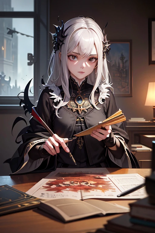 Vicentina Teresa Visconti is a vampire queen, sentado em um trono, pale skin, messy hair, corpo inteiro, bonita do estilo do waifu do anime,pintura hiperdetalhada, Luminismo, arte por Carne Griffiths e Wadim Kashin arte conceitual, fundo escuro, beleza abstrata, Approaching perfection, forma pura, proportion Aurea, Minimalista, atmosfera escura, inacabado, arte conceitual, por Brian Froud e Carne Griffiths e Wadim Kashin e John William Waterhouse, detalhes intrincados, 8k post production, high resolution, hiperdetalhado, trending on ArtStation, foco nítido, Studio photo, detalhes intrincados, altamente detalhado, Directed by: Greg Rutkowski