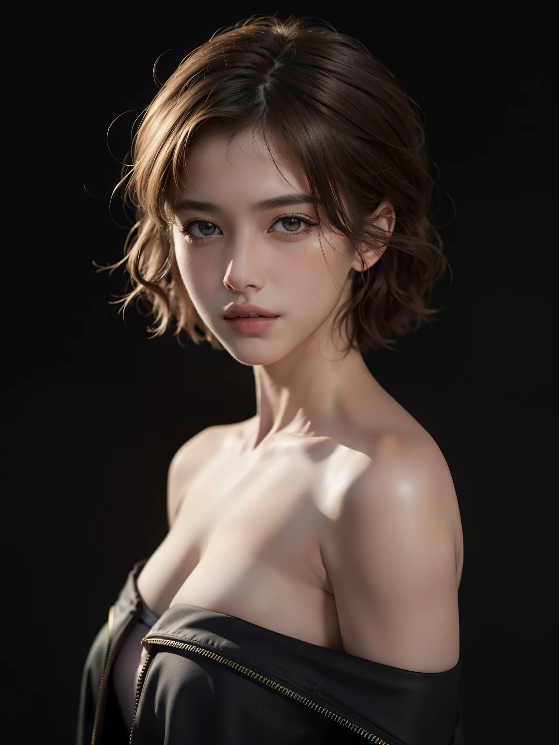 Skin Tight Black Top:1.2、look at viewer、cinematic lighting、perfect、soft light、High resolution skin:1.2、realistic skin texture、30 year old mature woman、small face、no makeup、off shoulder、Bust B Cup、 exposed cleavage、red eyes、short hair、dark brown hair、full nude、gray background、
