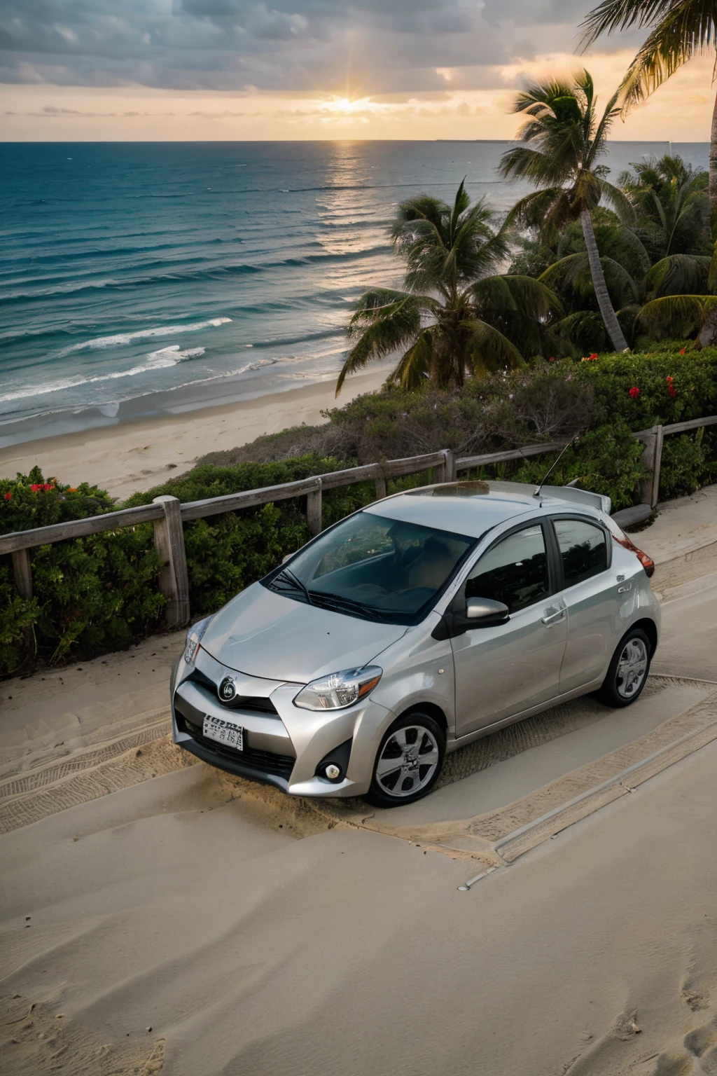 (best quality, highres), Toyota Yaris 2009 sedan in silver color with a spoiler, beach, chauffeur, security, starry background, peaceful atmosphere, sandy shore, pristine waves, palm trees, sunset glow, tranquil vacation, soft breeze filtering through the air, vibrant and clear colors, elegant design, comfort and luxury, a sense of adventure, panoramic view, sparkling coastline.