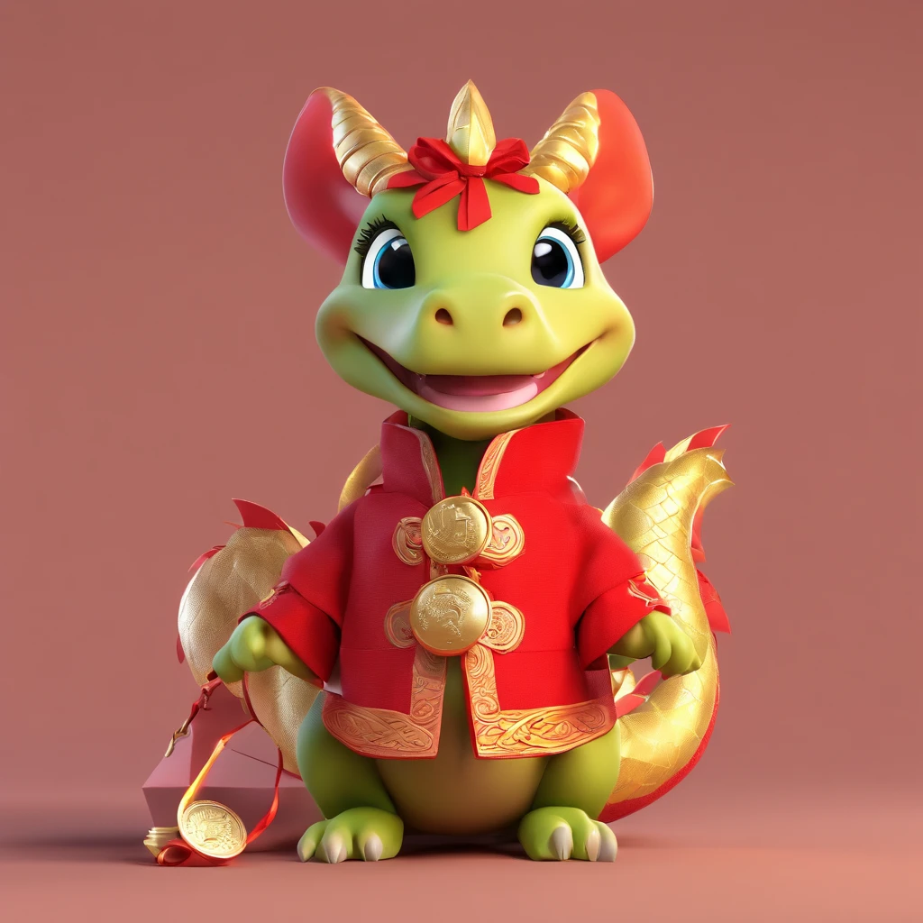 3D,A super cute baby dragon suitable for Chinese New Year,Wearing a red cotton jacket,Wearing a red scarf,Holding a small red envelope filled with gold coins,I tilt my head and greet you with a smile.。