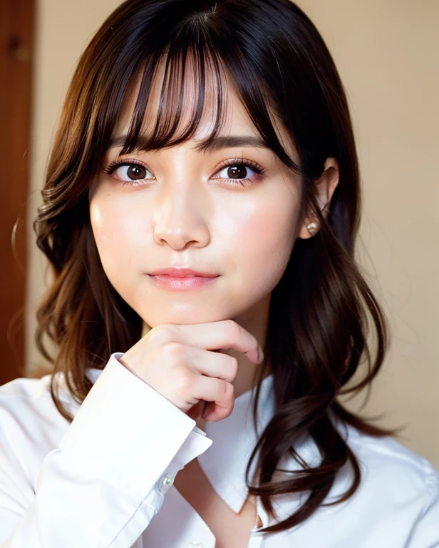 best quality, photorealistic, 8k, high res, 1girl, woman, (skindentation), (professional lighting), (portrait:0.6), gorgeous, parted bangs, brown and long straight hair:1.62, (white office shirt:1.6), (1girl eyes looking at viewer:1), ((looking at viewer:1.6)), (looking at the camera), photorealistic, (bokeh), (portait:0.6), (dynamic pose:1.2), masterpiece, intricate, realistic, sharp focus, award-winning photograph, sfw, smile:1.6,