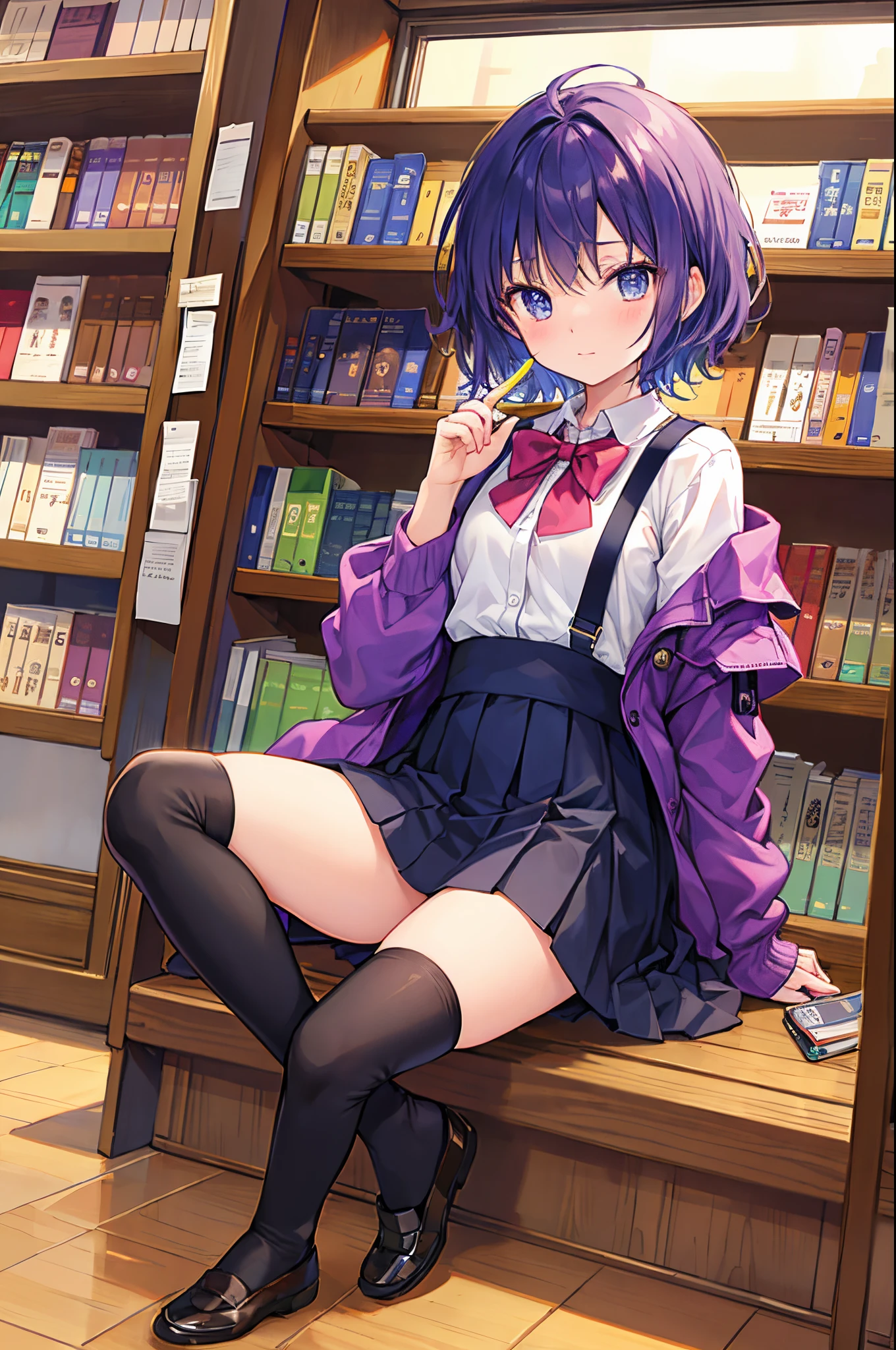 Anime girl sitting on a bench in front of a book shelf - SeaArt AI
