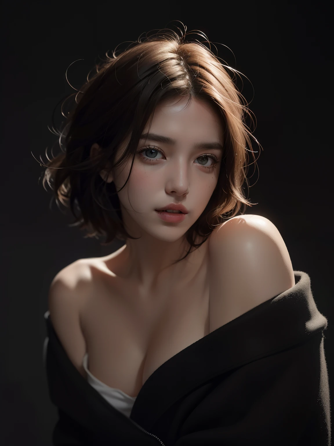 Best quality, masterpiece, ultra high res, (photorealistic:1.5), raw photo, 1girl, offshoulder, in the dark, deep shadow, low key, cold light, sexy look, short hair