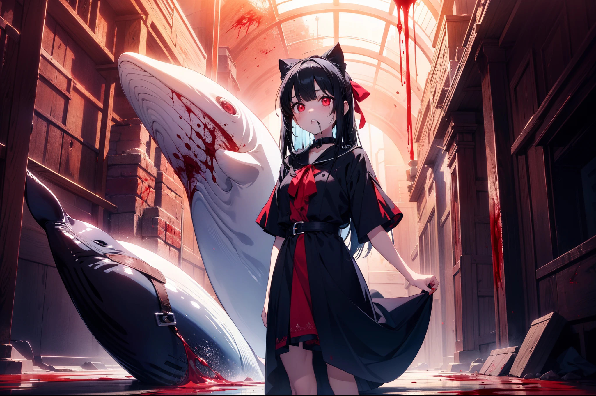 1 girl , ((standing inside the whale's oral cavity)) ,((red lighting)), ((blood sea)), concept art, fantasy art, cinematic lighting , (rape face) ,black long straight hair, black hair, hair ribbon , red eyes,black dress, (glowing eyes), (((horror))) , high resolution,(incredibly absurdres) ,extremely detailed CG unity 8k wallpaper, ((masterpiece)), ((top-quality)), (beautiful illustration,background Tento), ((an extremely delicate and beautiful))