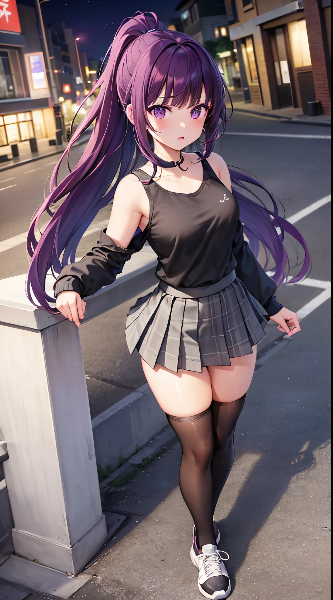 top-quality, hight resolution, ighly detailed, 电影灯光, ((One Woman))、A detailed face、Hi-Res、UI3、((fullllbody))、((Wavy Hair、Ponytail))、Dark purple hair、In the street、((Lilac eyes))、A detailed eye、nighttime scene、((Contemptuous look))、double tooth、long legged、Thin leg、Standing Pose、Black knitwear、((Grey plaid pleated skirt))、((Black knee socks))、((White athletic shoes))