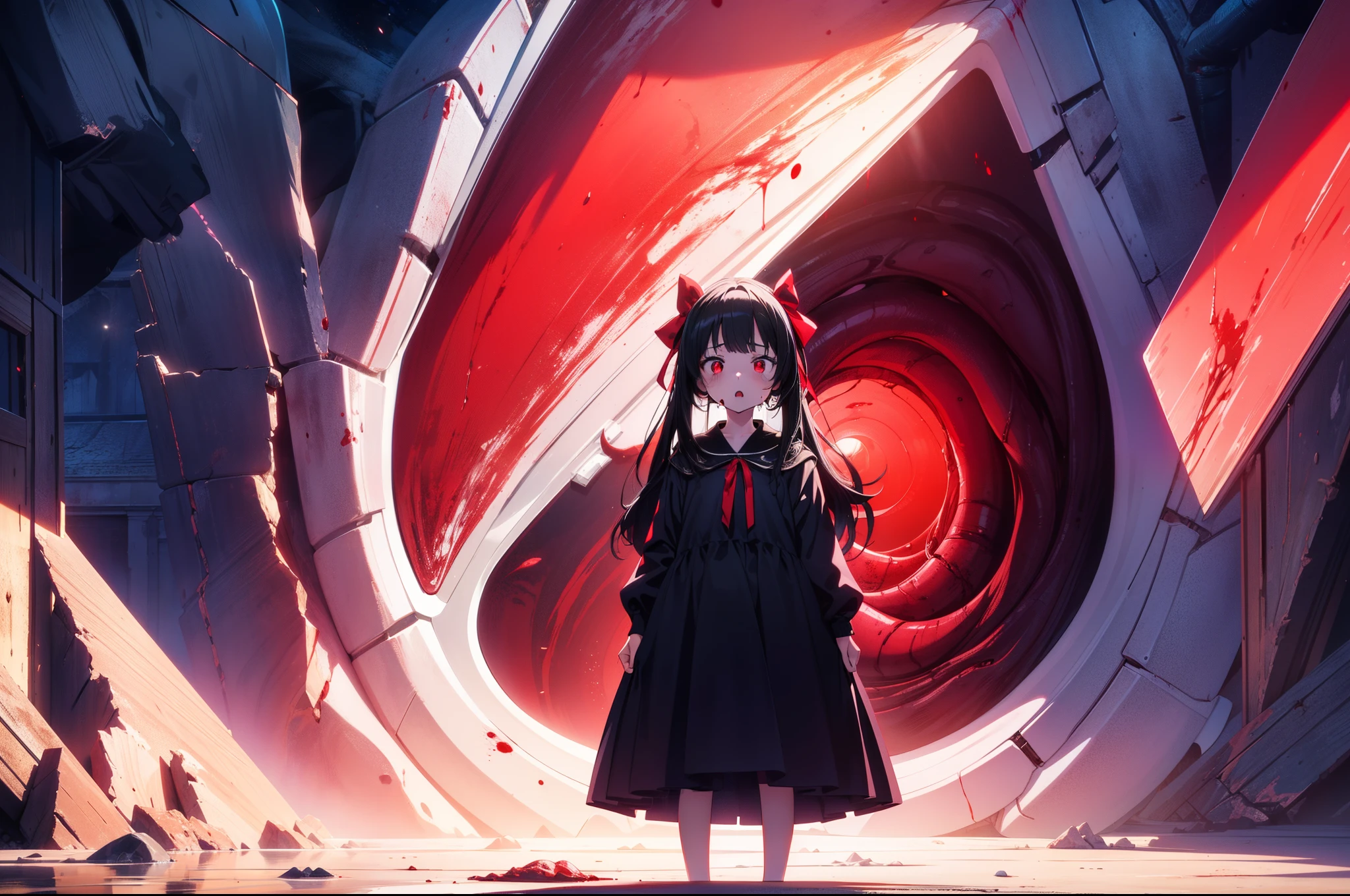 1 loli girl , ((standing inside the whale's  oral cavity)) ,((red lighting)), (blood sea), concept art, fantasy art, cinematic lighting , (rape face) ,black long straight hair, black hair, hair ribbon , red eyes,black dress, (glowing eyes), (((horror))) , high resolution,(incredibly absurdres) ,extremely detailed CG unity 8k wallpaper, ((masterpiece)), ((top-quality)), (beautiful illustration,background Tento), ((an extremely delicate and beautiful))