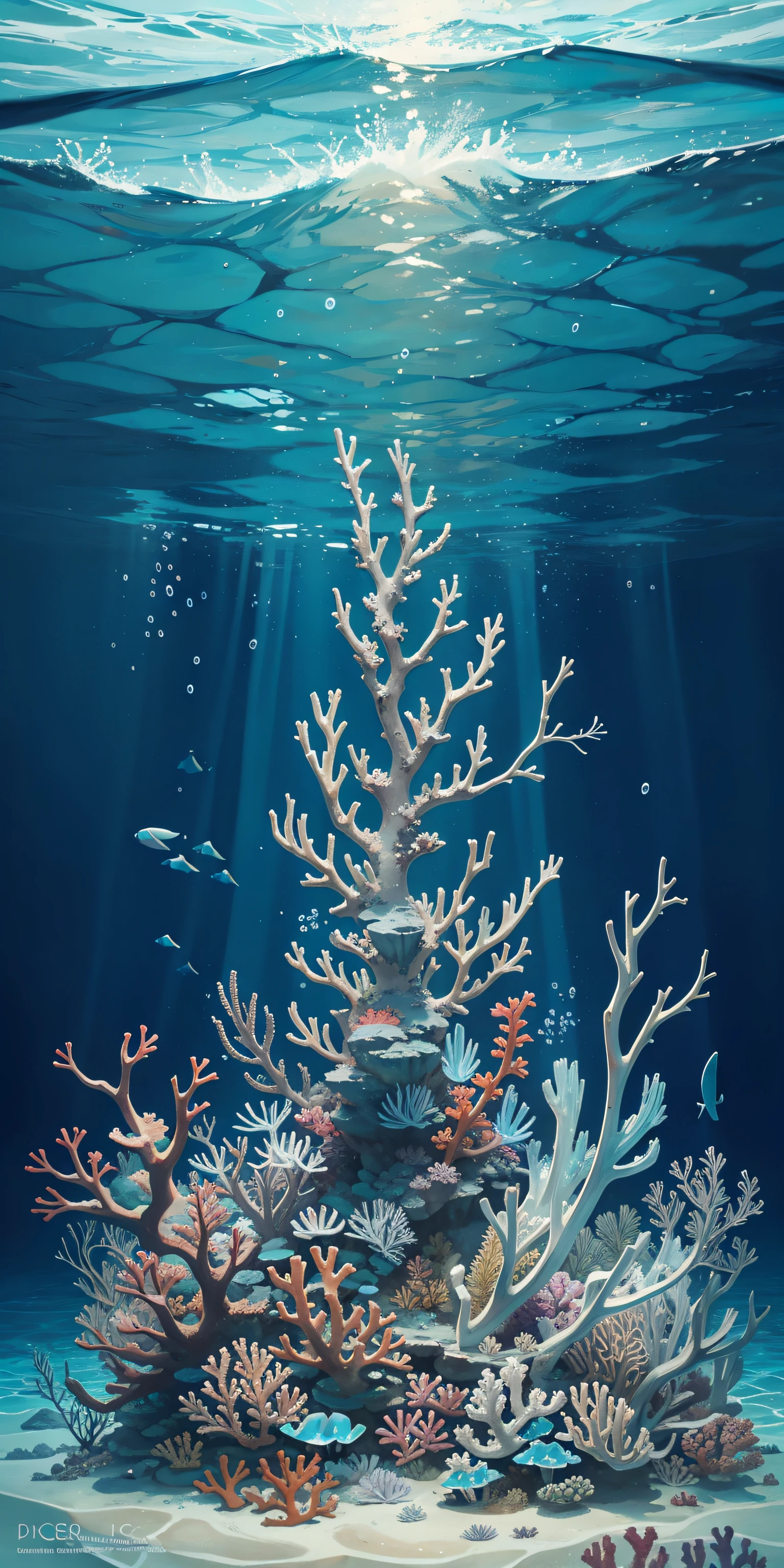 Conceptual art of marine life, Undersea landscape, Marine life，Beautiful coral reefs come in different shapes, 3D，, Fish, Female animated fantasy illustration. Long white hair scattered in the sea, Drift, Very harmonious. The whole painting adopts a messy and imaginative painting style. The colors are bright and saturated, And with smooth lines. The mystery and beauty of the ocean, The painting depicts an underwater world full of life and vitality, Animated art wallpaper 8 K