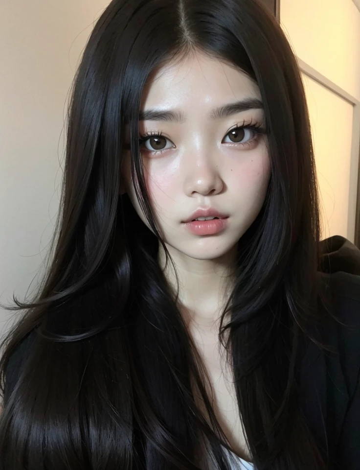 Un primer plano de una mujer con cabello largo y una blusa negra, cruel korean goth girl, ulzzang, Chica coreana, Hermosa mujer surcoreana, con cabello largo y ojos penetrantes, con labios muy finos, Joven y adorable rostro coreano, Hermosa joven coreana, Rasgos de la cara coreana, Hermosa joven coreana, maquillaje popular de Corea del Sur, Korean symmetrical face